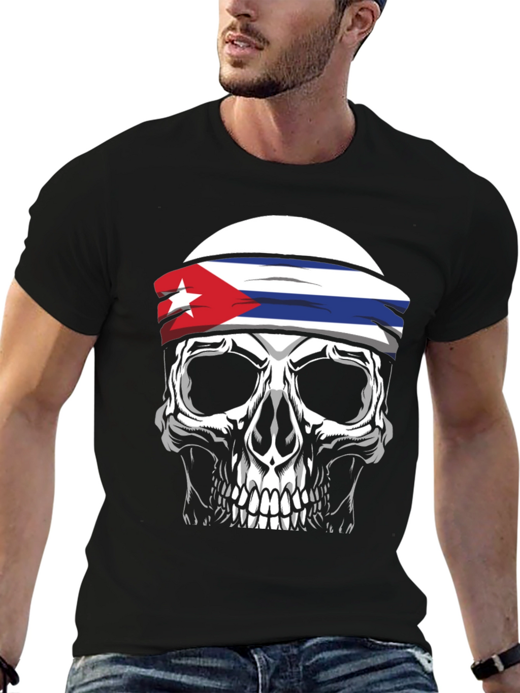 Cuban Flag Skull Graphic Tee - Black T-Shirt