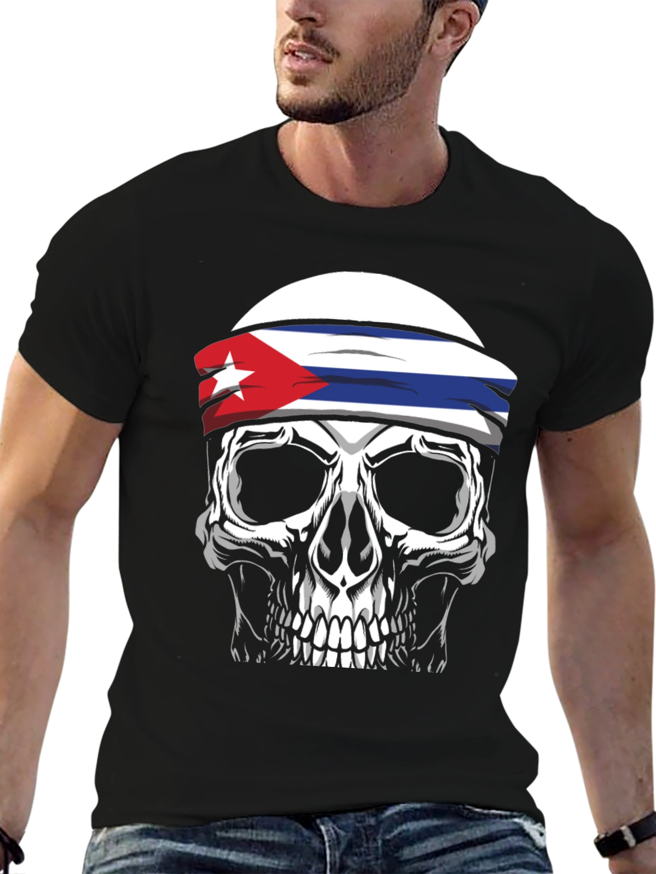 Cuban Flag Skull Graphic Tee - Black T-Shirt