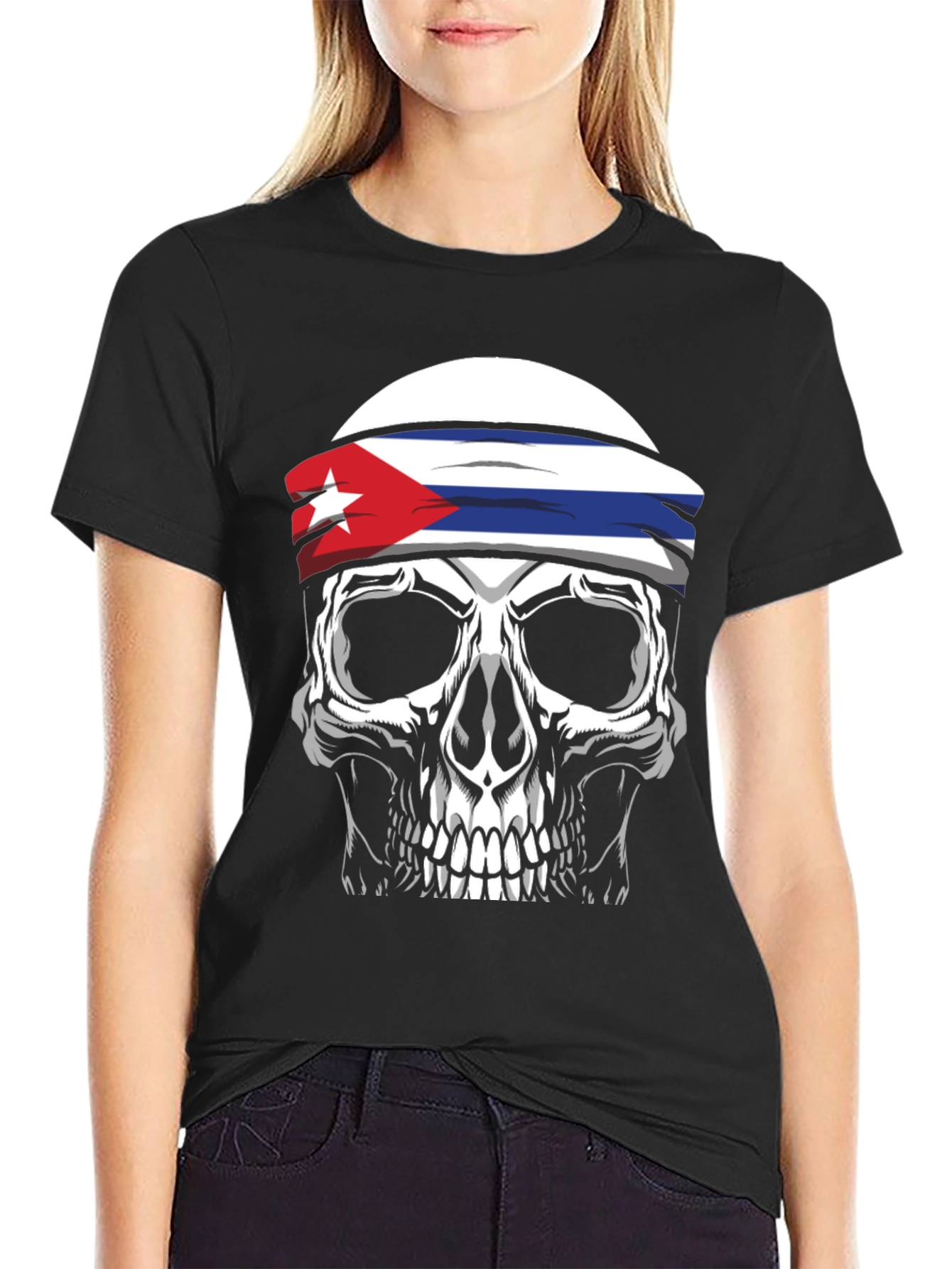 Cuban Flag Skull Graphic Tee - Black T-Shirt