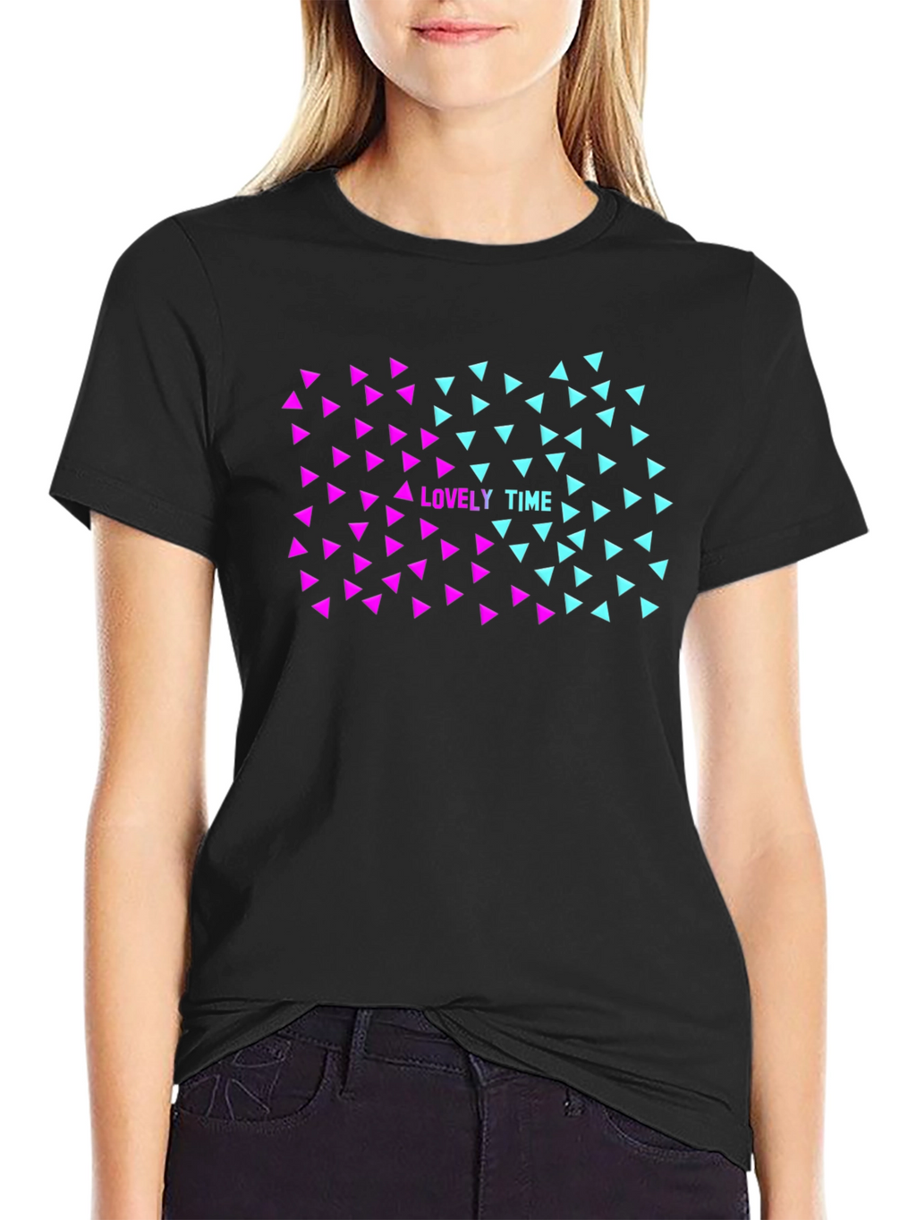 Lovely Time Triangle Graphic Black T-Shirt