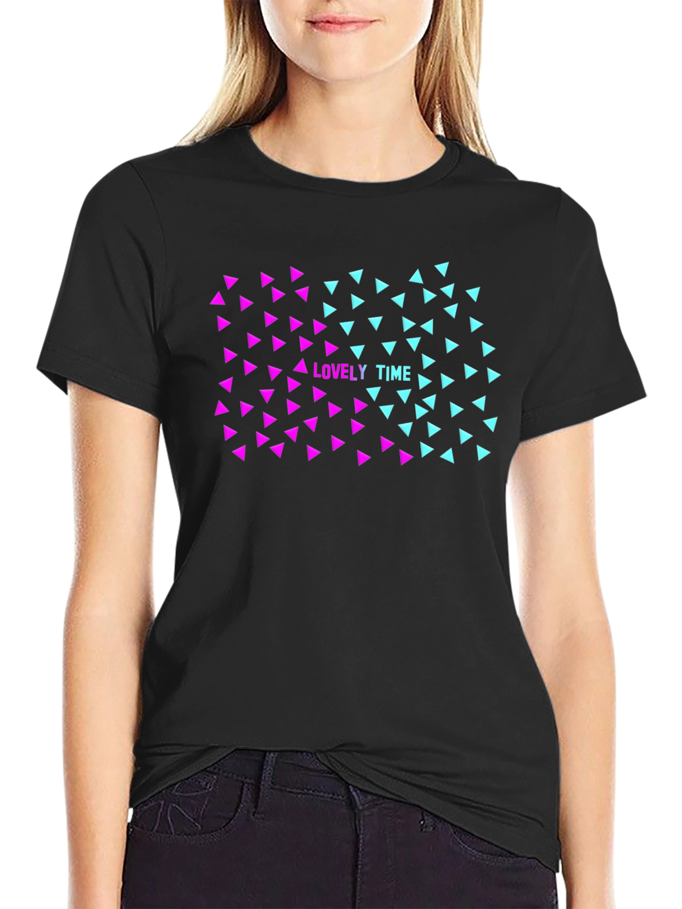 Lovely Time Triangle Graphic Black T-Shirt