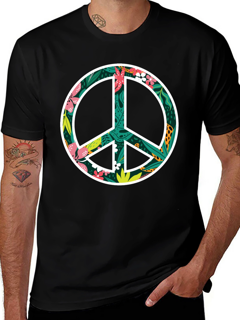 Floral Peace Sign Graphic Black T-Shirt