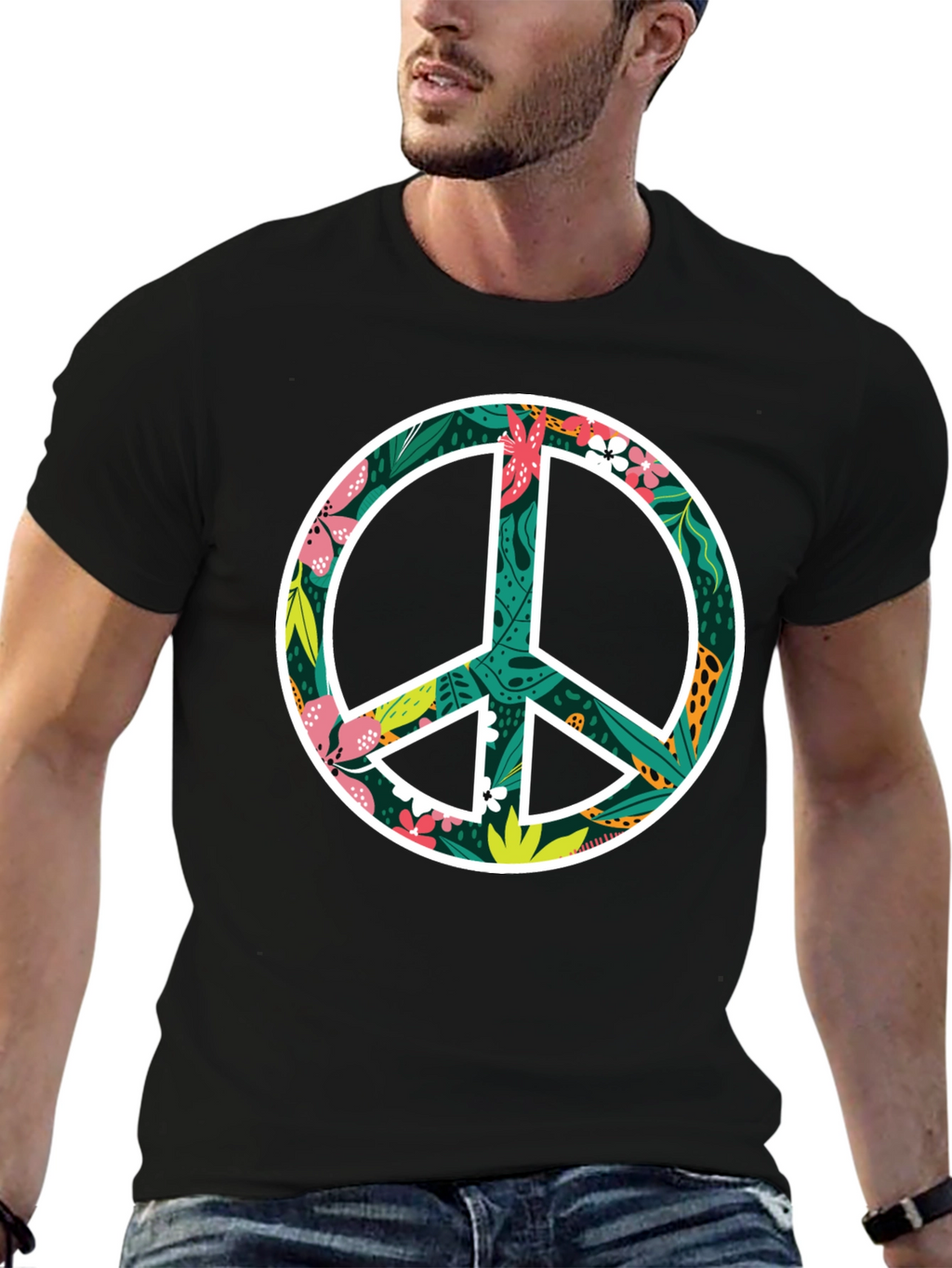 Floral Peace Sign Graphic Black T-Shirt