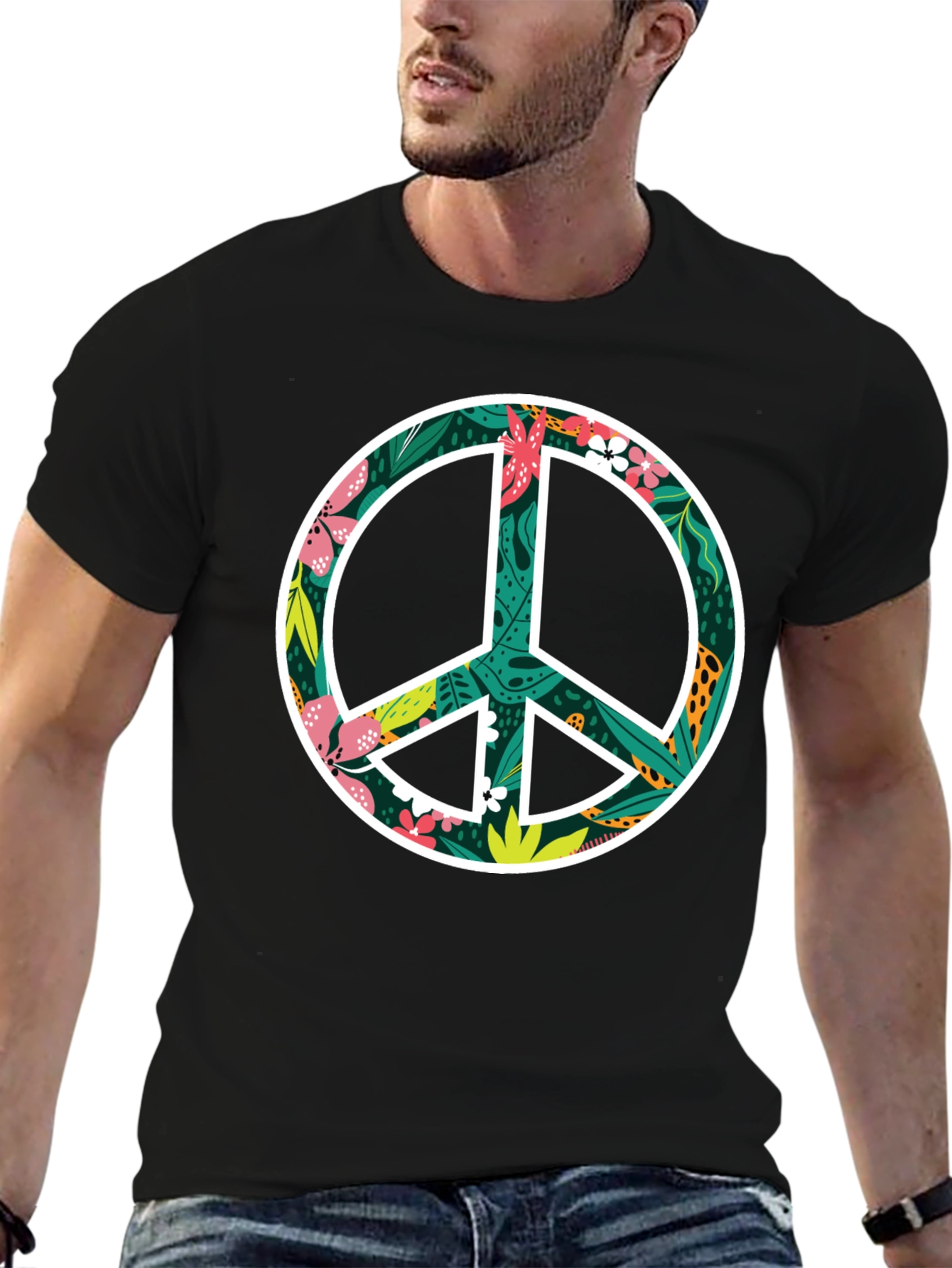 Floral Peace Sign Graphic Black T-Shirt