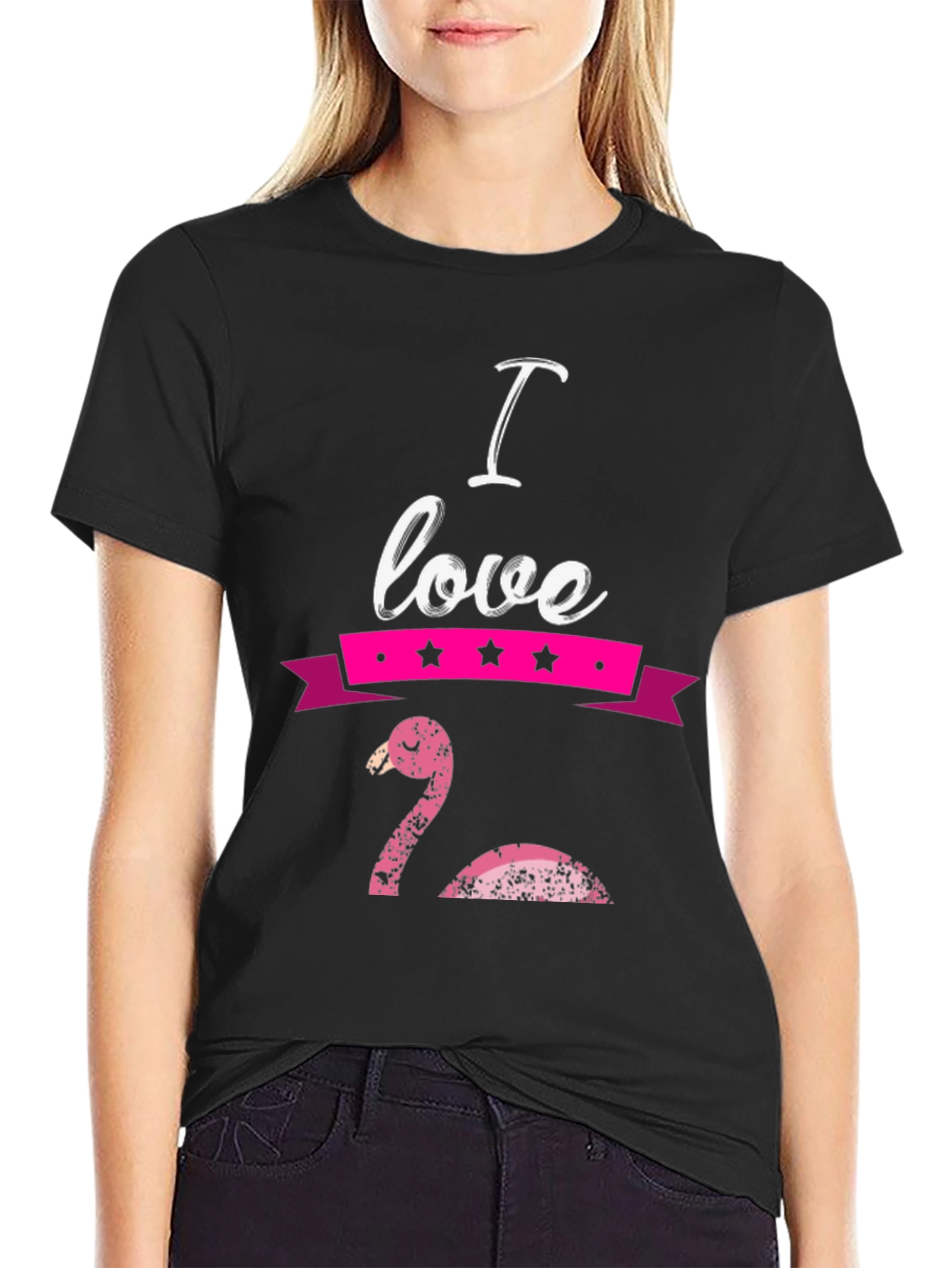 I Love Flamingo Graphic T-Shirt - Black