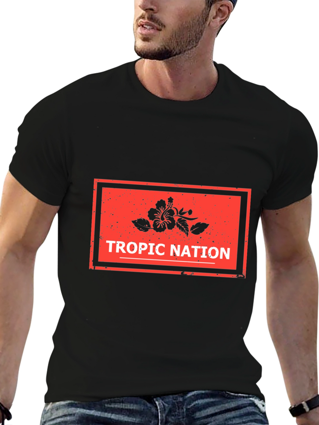 Tropic Nation Black T-Shirt with Floral Design