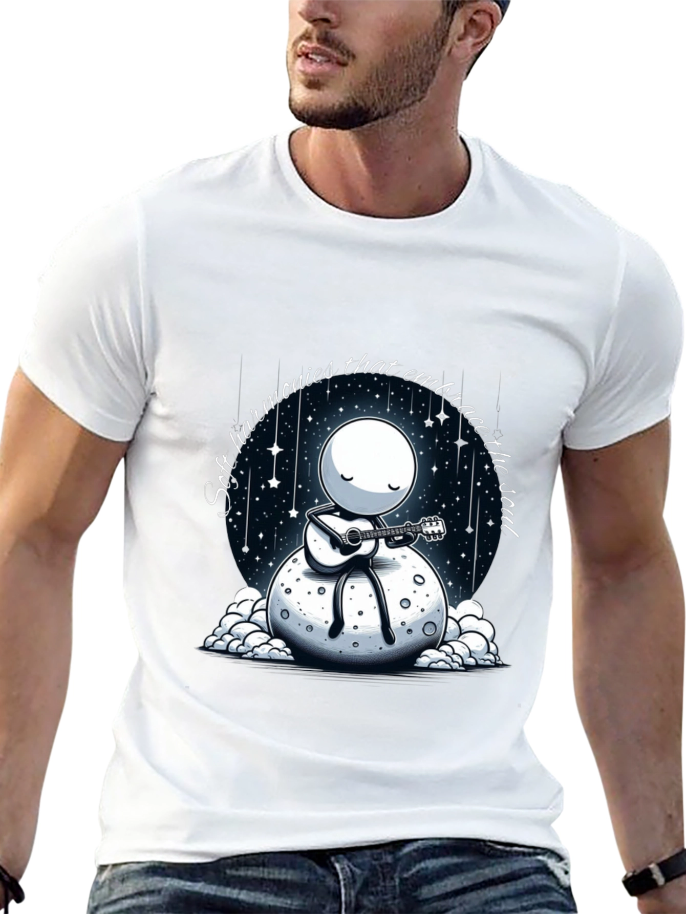 Soulful Harmonies T-Shirt - Moon Guitarist Design