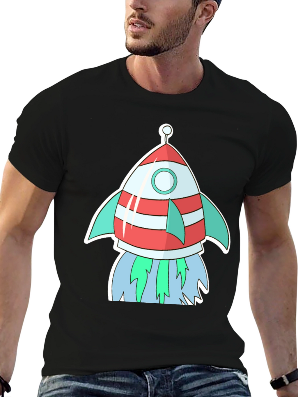 Cartoon Rocket Black T-Shirt