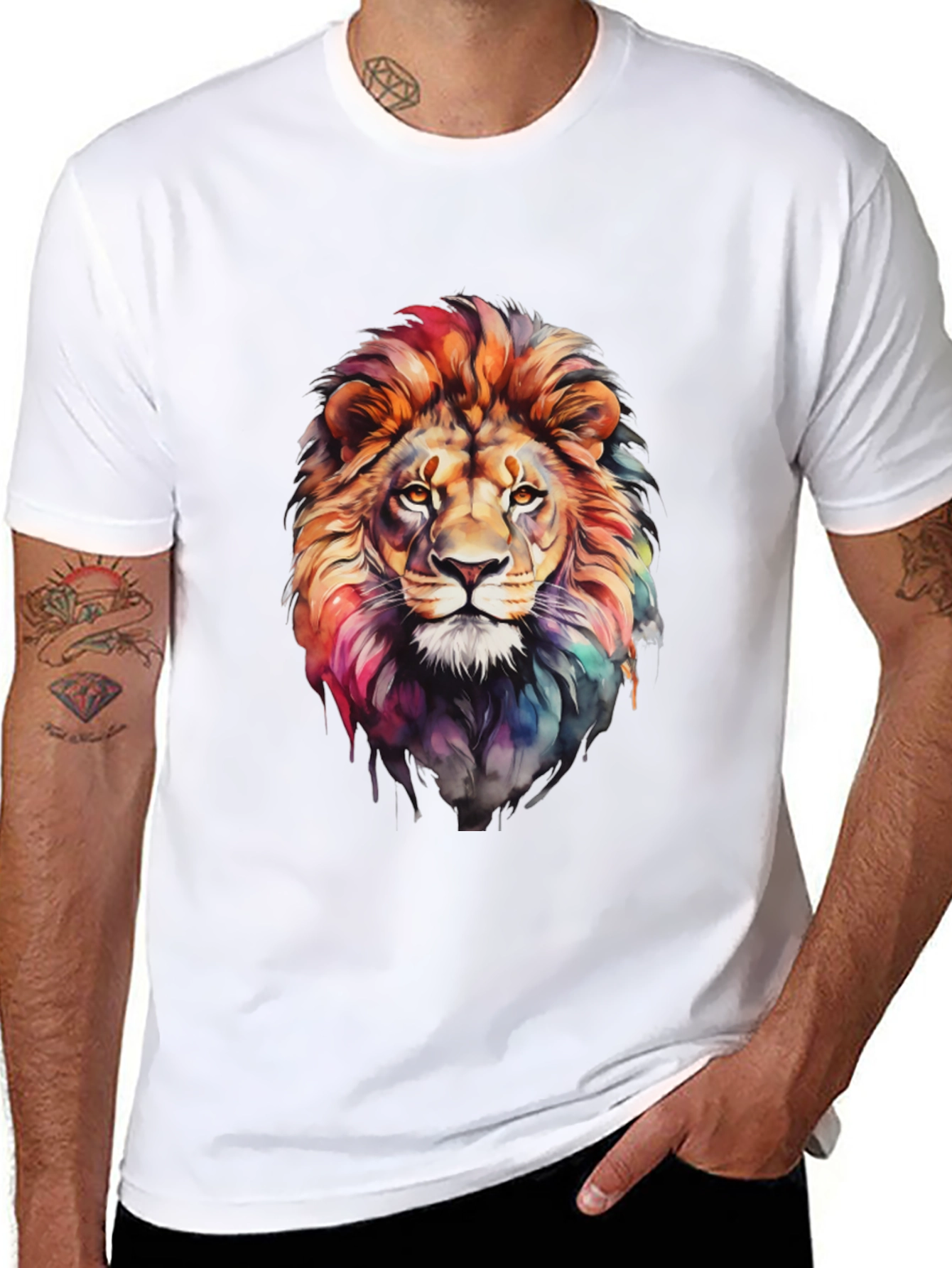 Lion Watercolor Graphic Tee - Artistic Mens T-Shirt