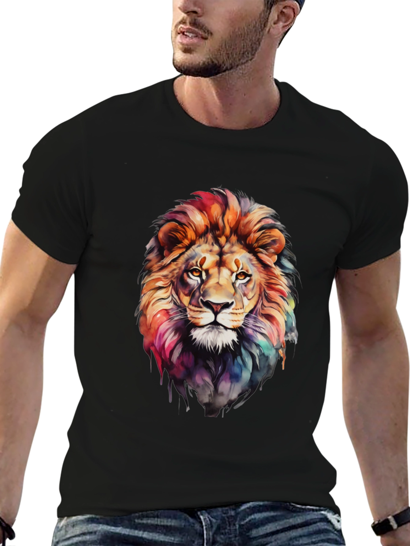Lion Watercolor Graphic Tee - Artistic Mens T-Shirt