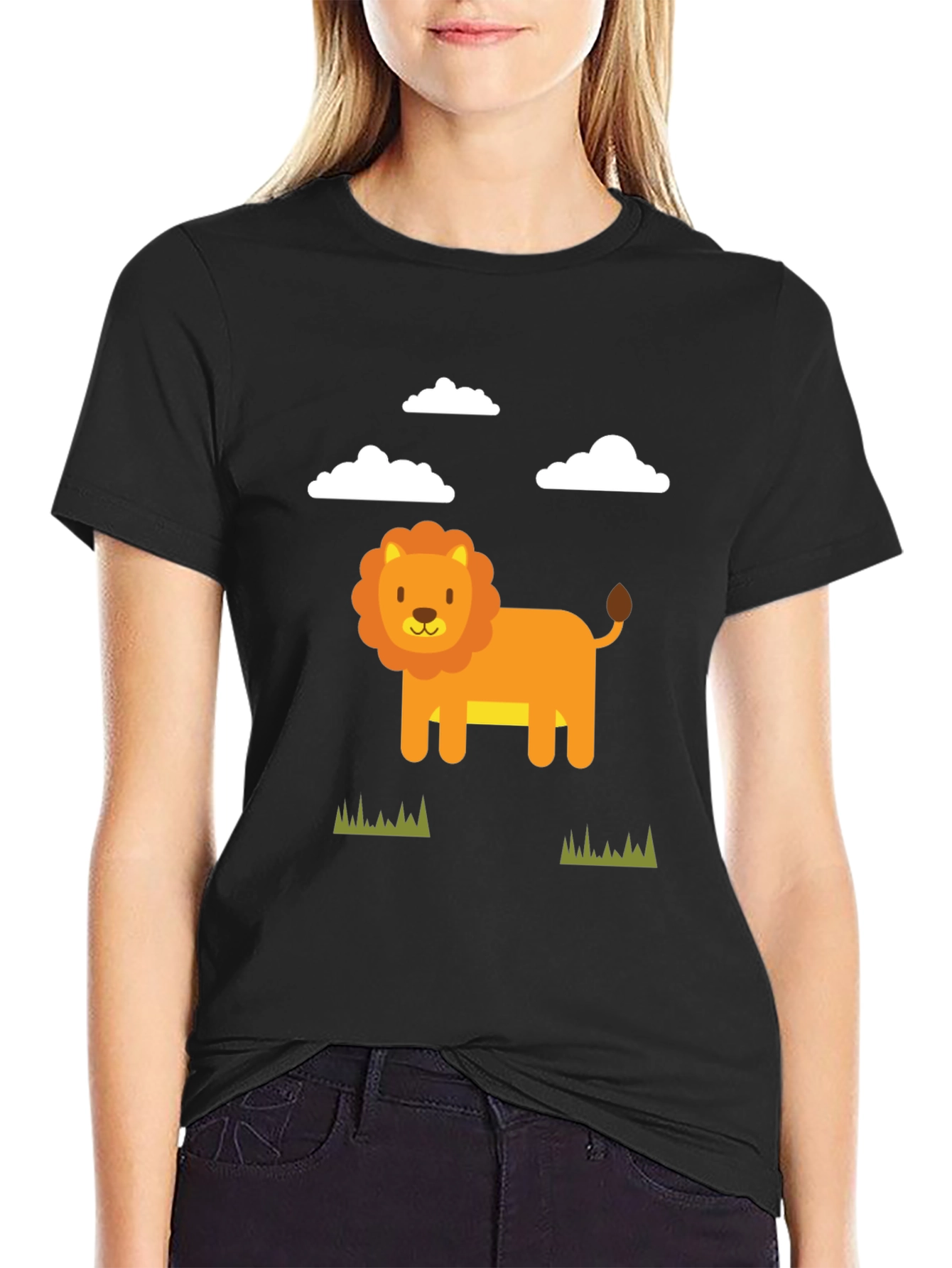 Cute Cartoon Lion Graphic Tee - Black