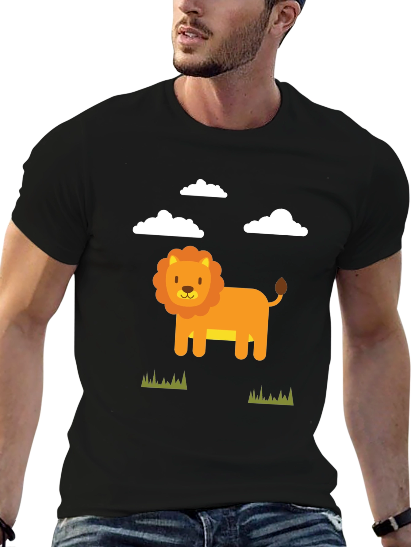 Cute Cartoon Lion Graphic Tee - Black
