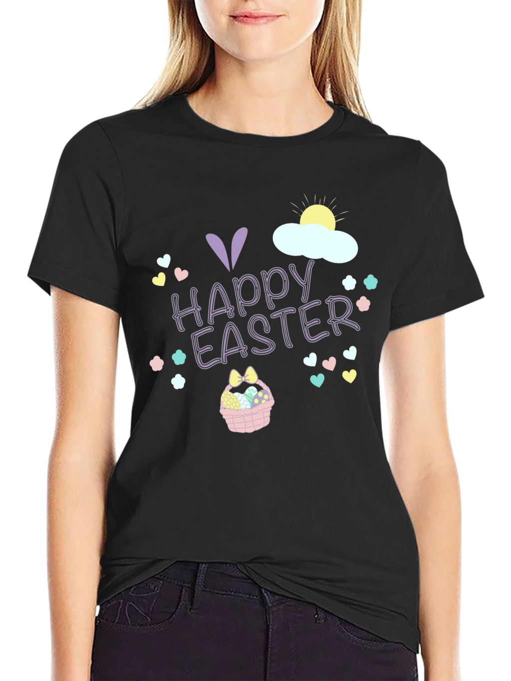 Happy Easter T-Shirt Black Crew Neck