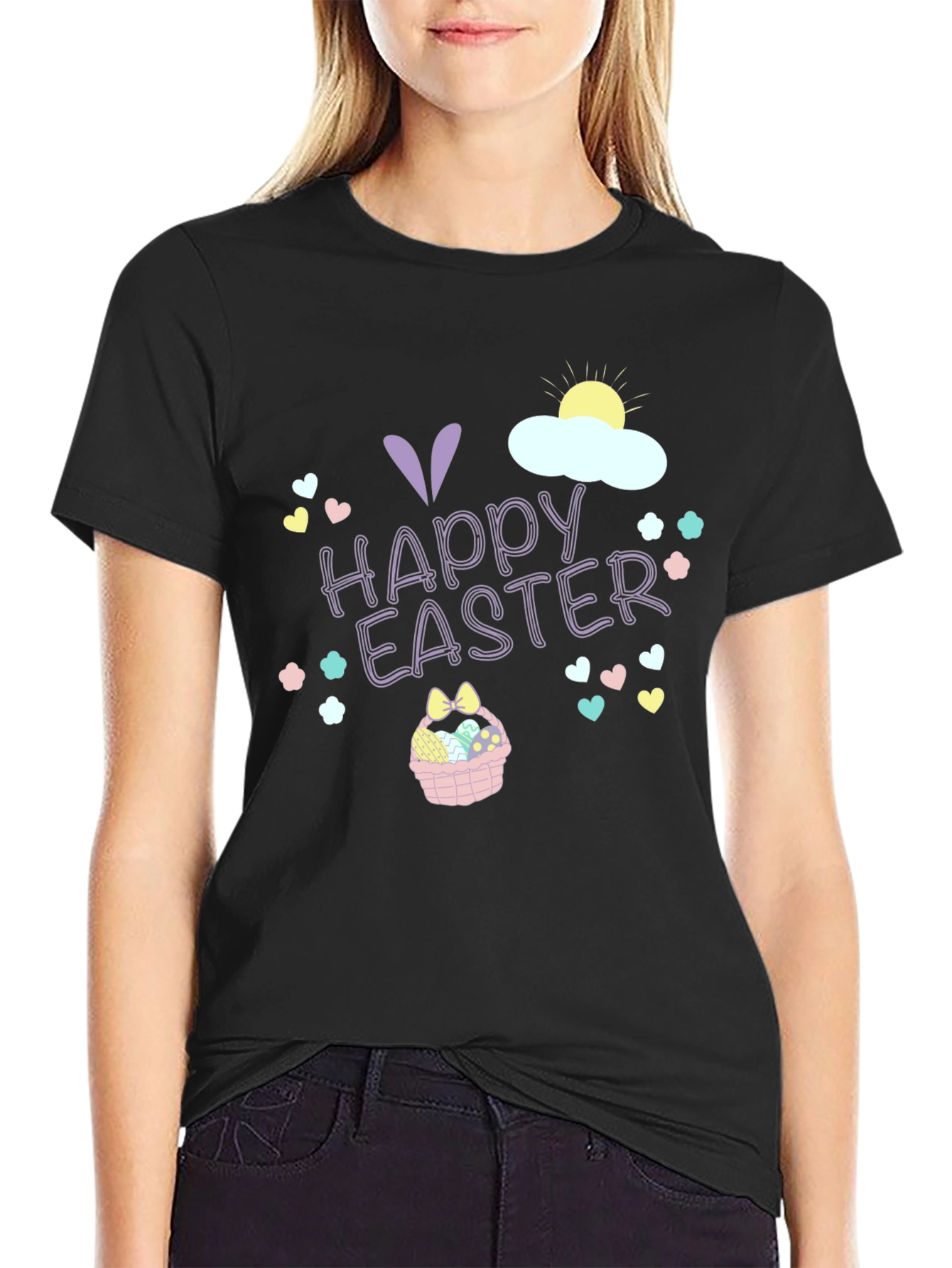 Happy Easter T-Shirt Black Crew Neck