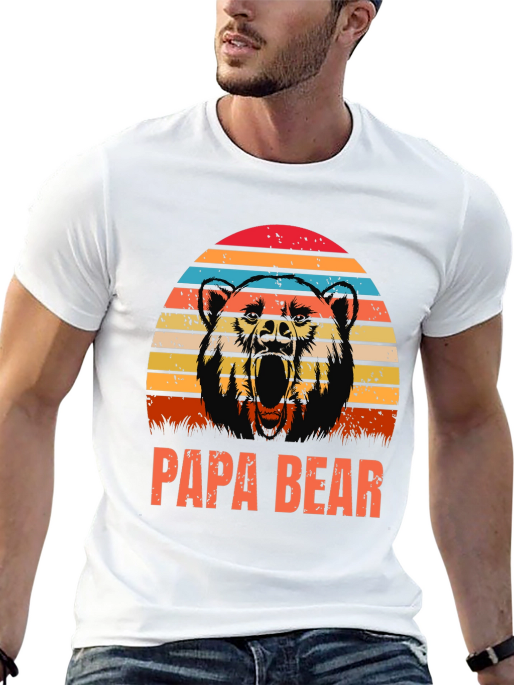 Papa Bear Graphic T-Shirt - Distressed Sunset Design