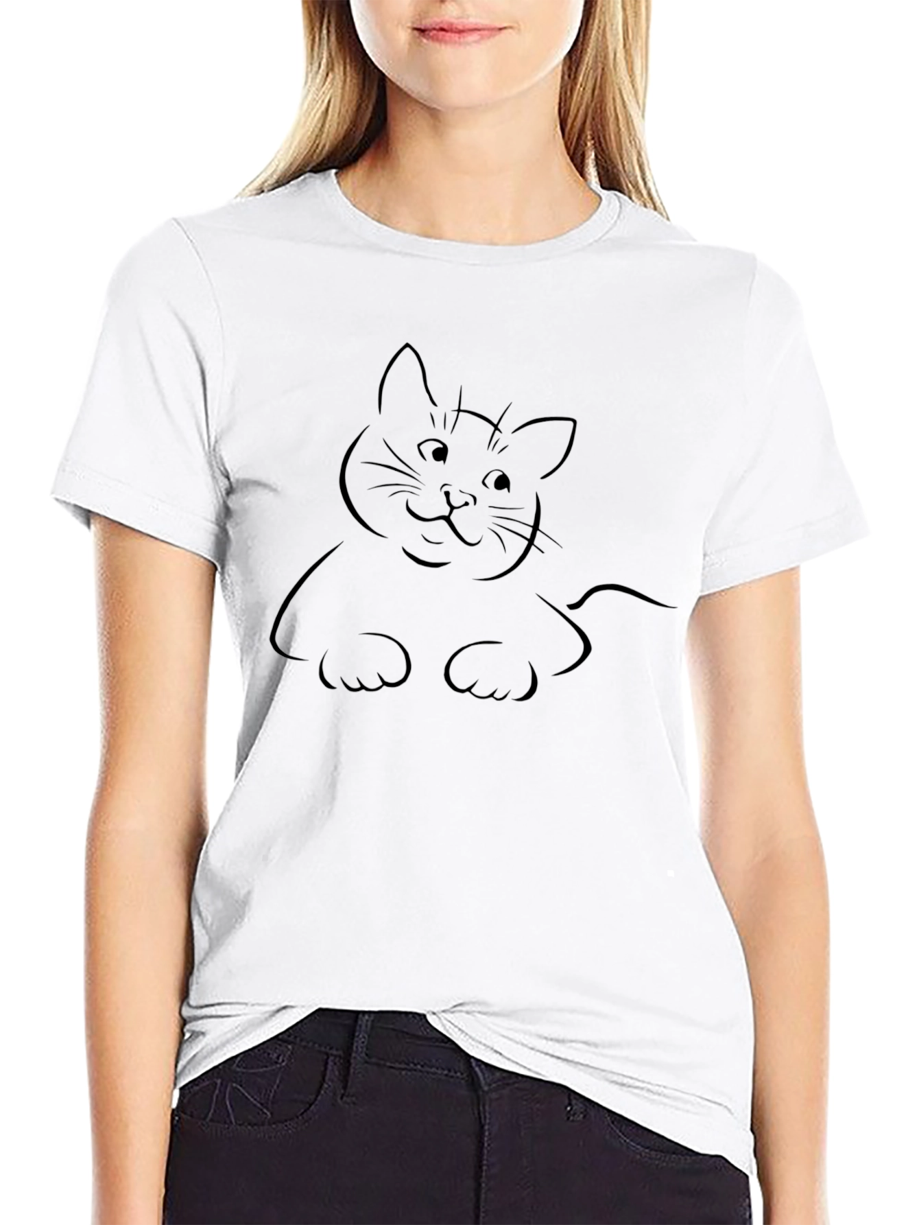 Black T-Shirt with Cat Line Art