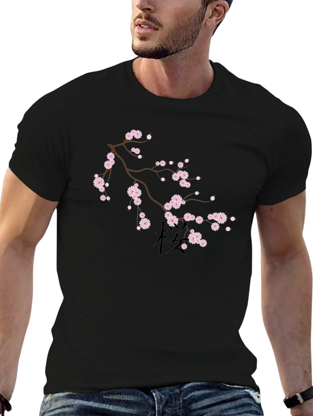 Black T-Shirt with Cherry Blossom Design