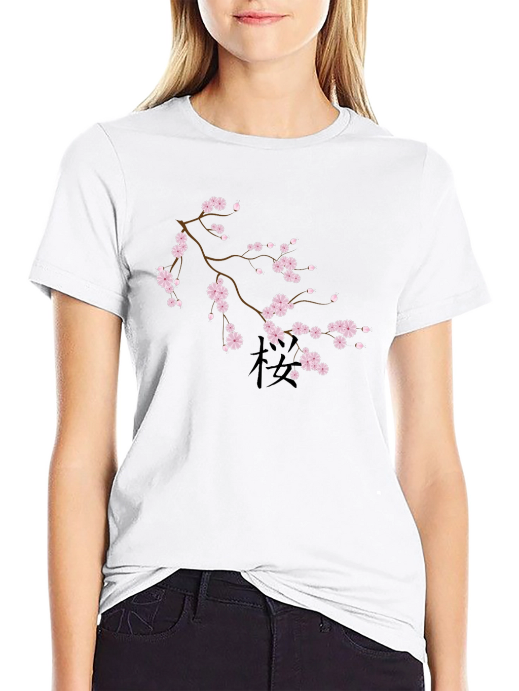 Black T-Shirt with Cherry Blossom Design