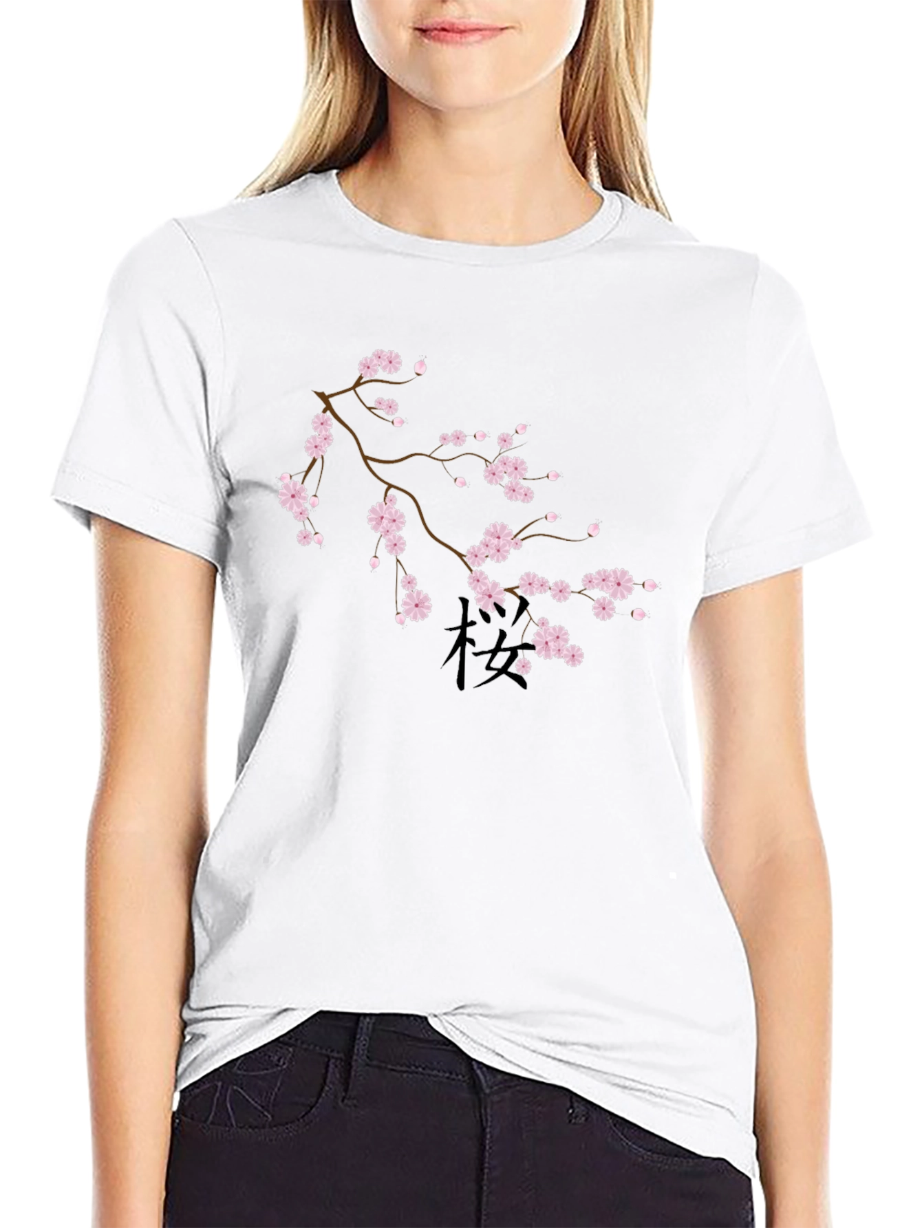 Black T-Shirt with Cherry Blossom Design