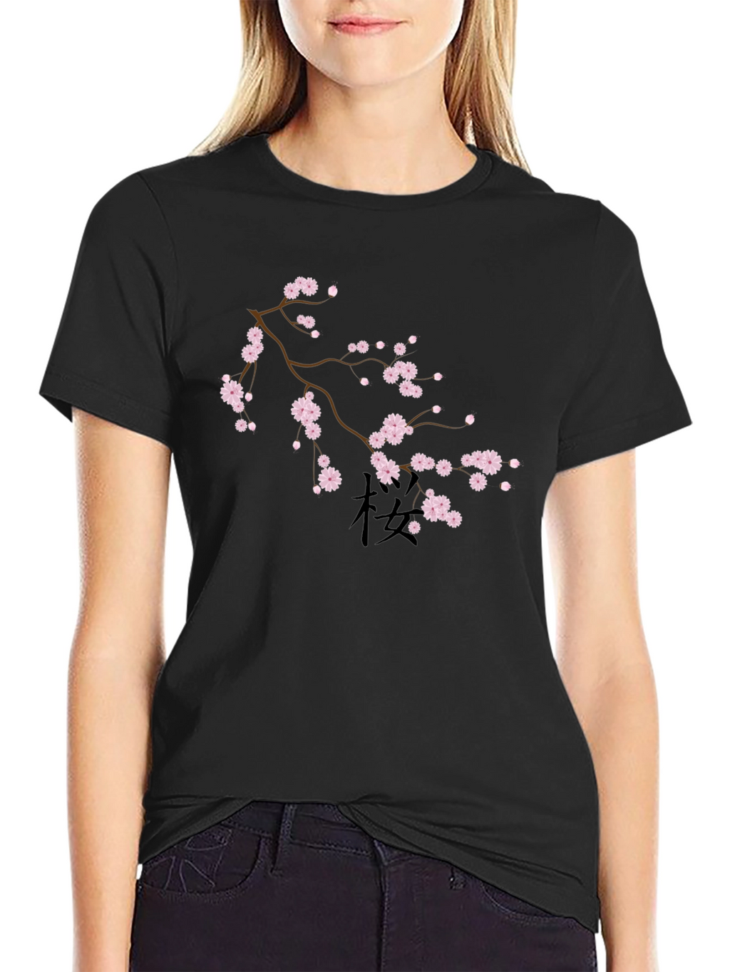 Black T-Shirt with Cherry Blossom Design