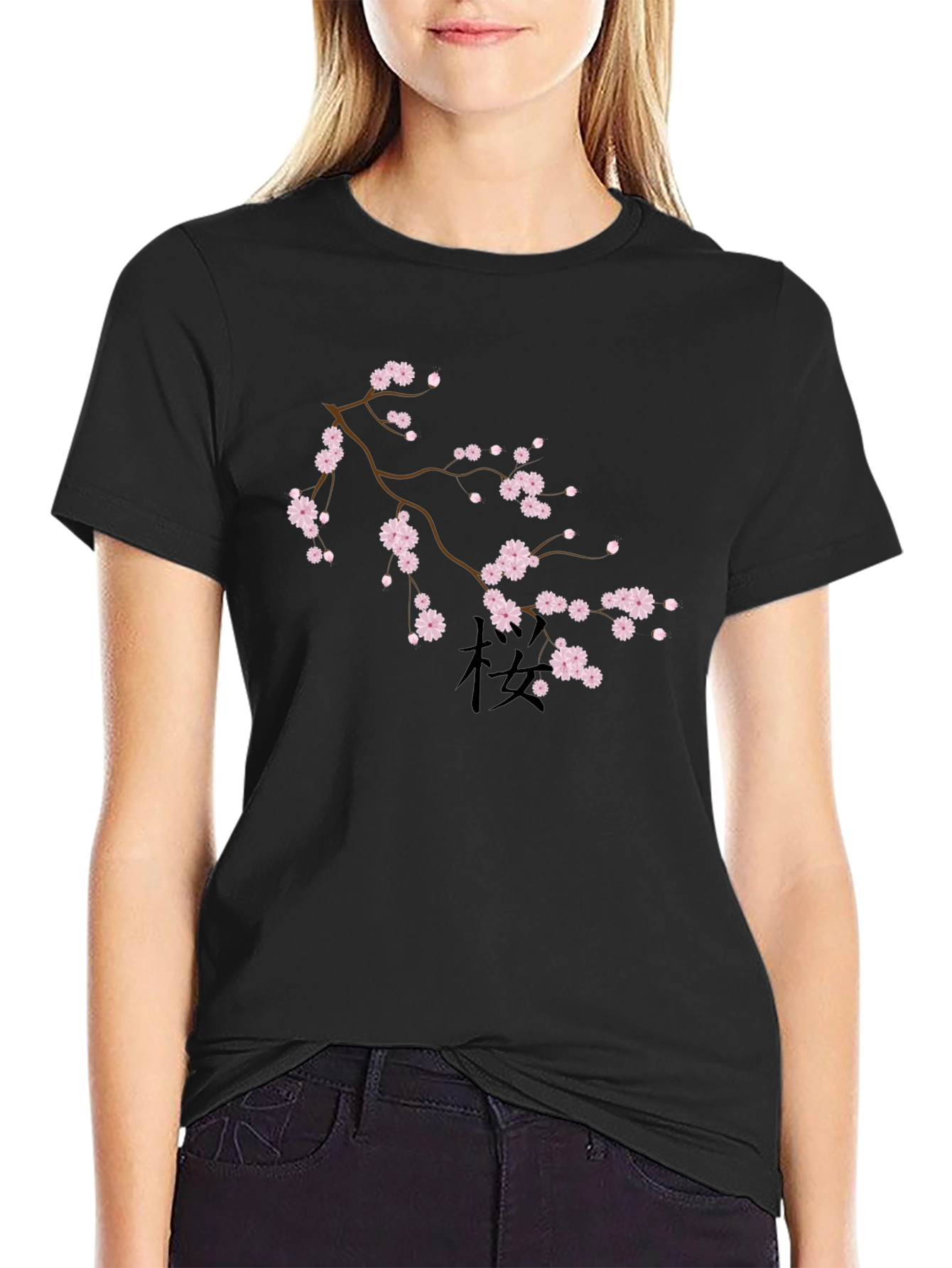 Black T-Shirt with Cherry Blossom Design