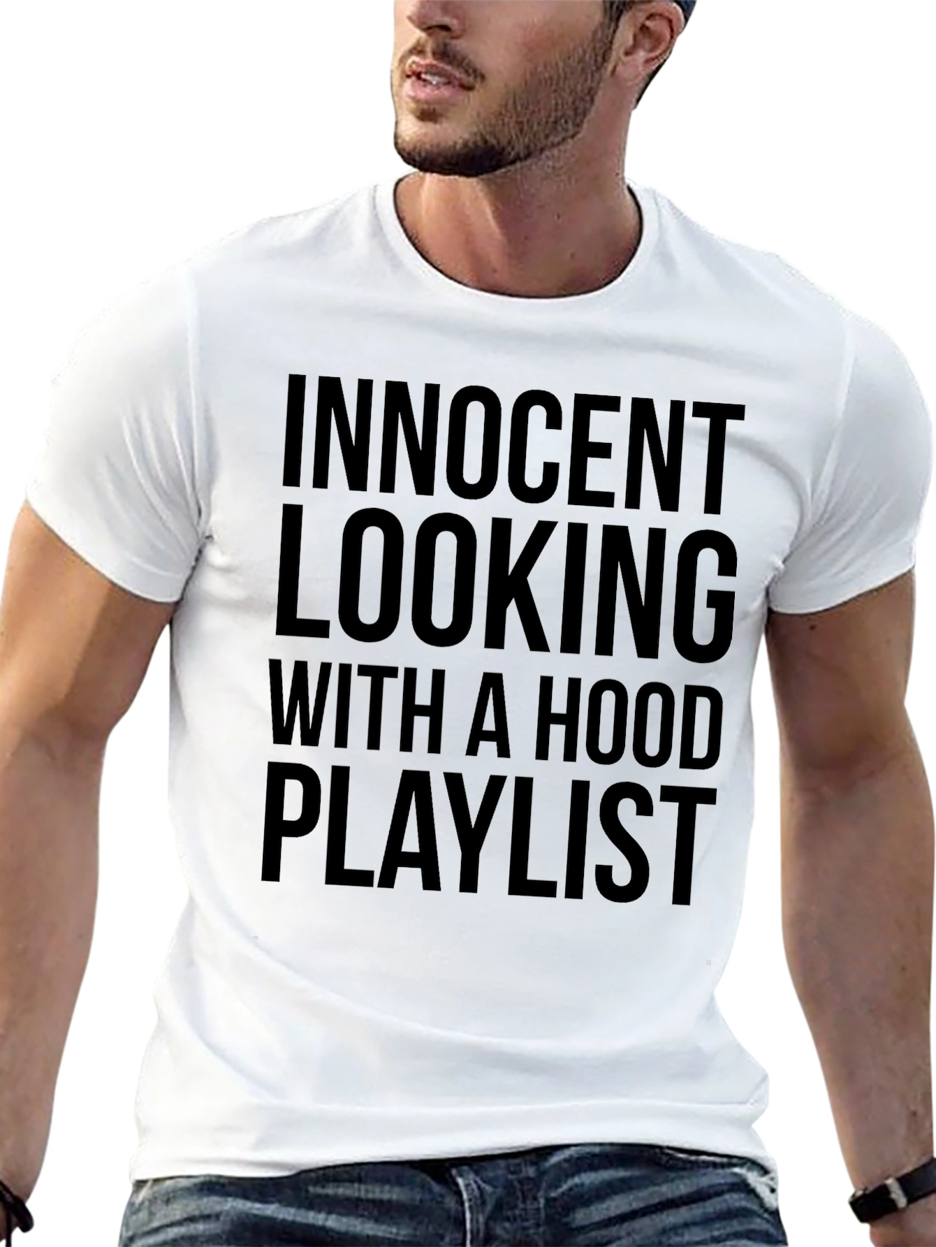 Innocent Looking Hood Playlist Black Graphic T-Shirt
