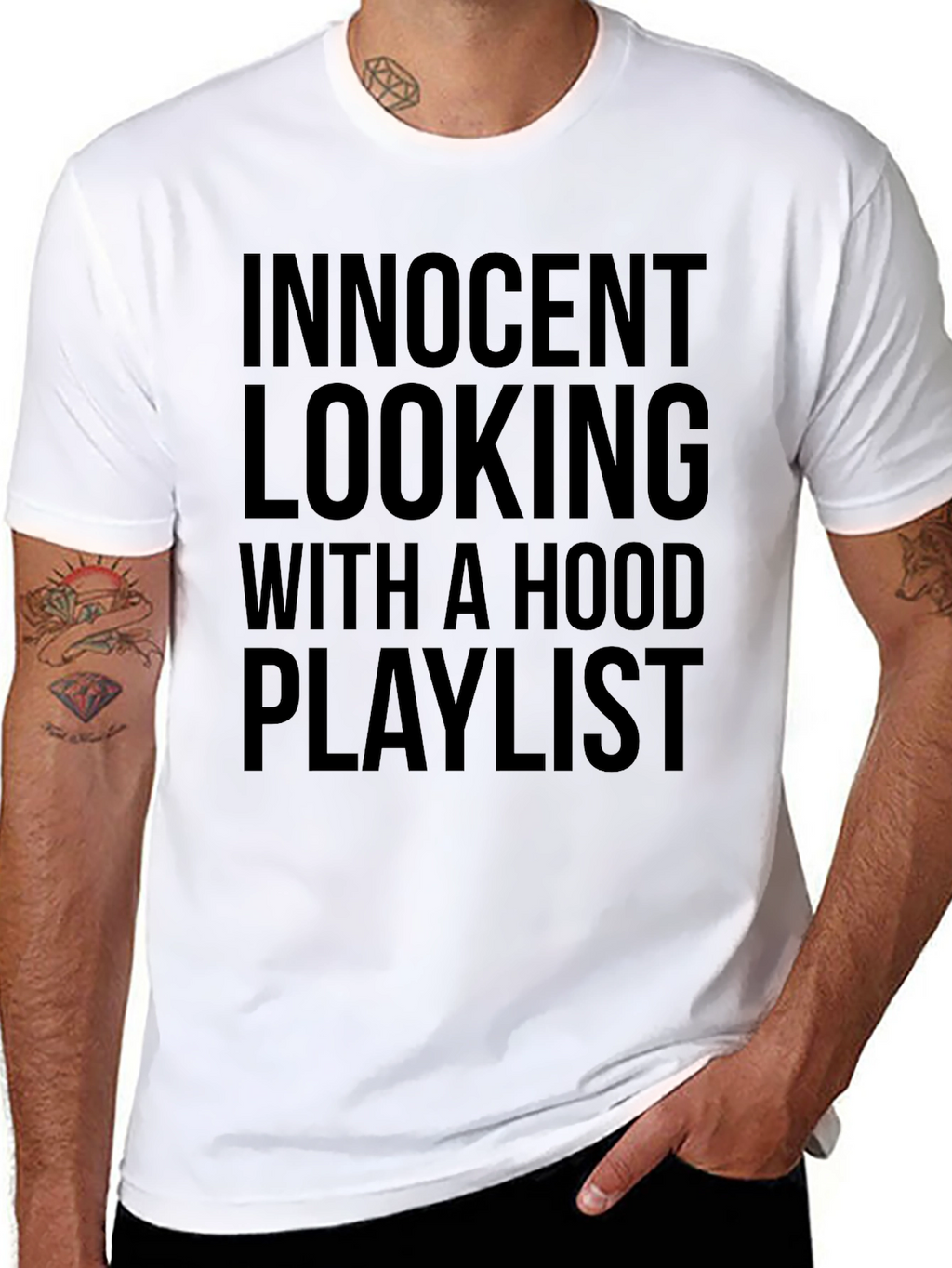 Innocent Looking Hood Playlist Black Graphic T-Shirt