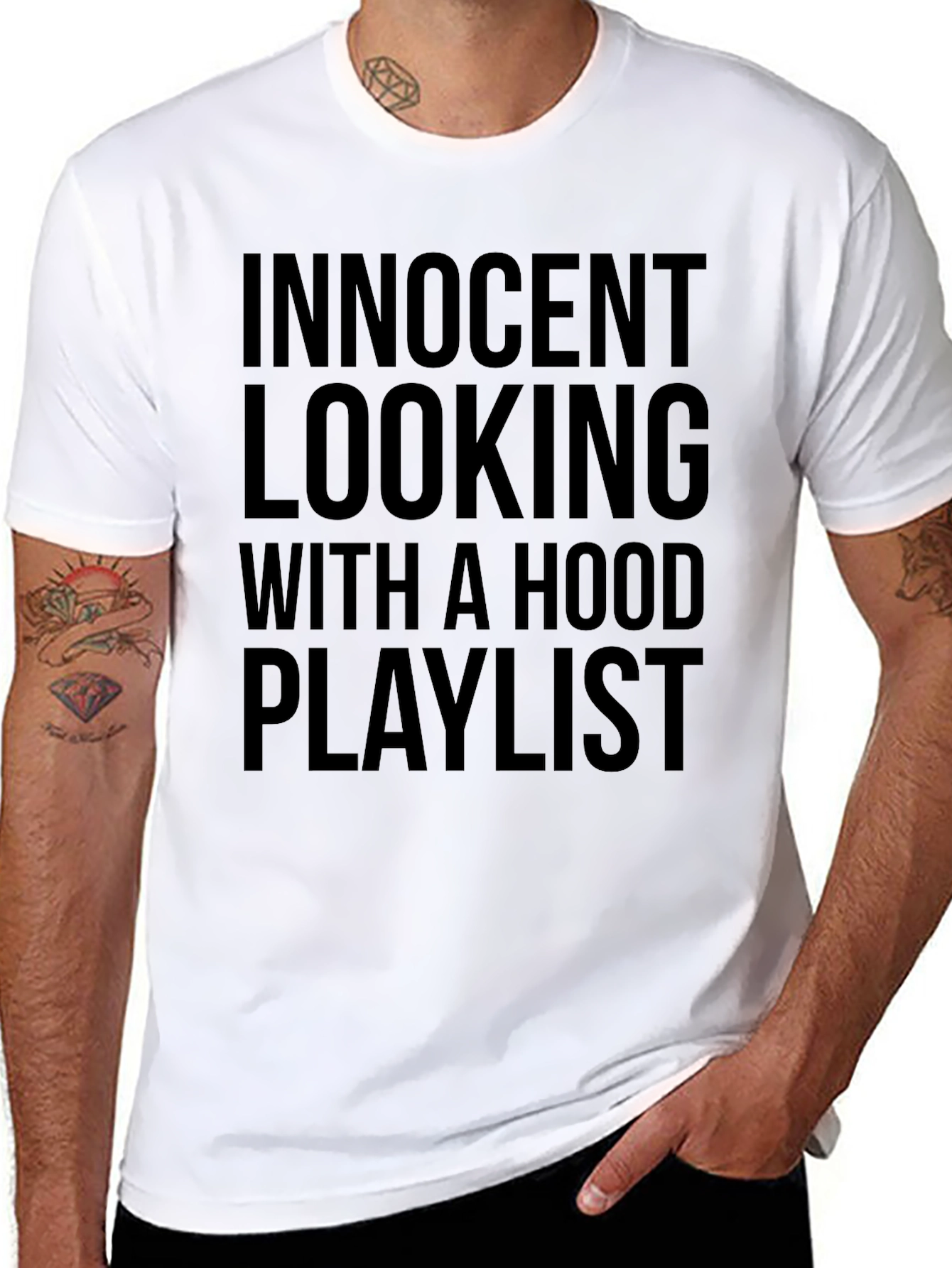 Innocent Looking Hood Playlist Black Graphic T-Shirt