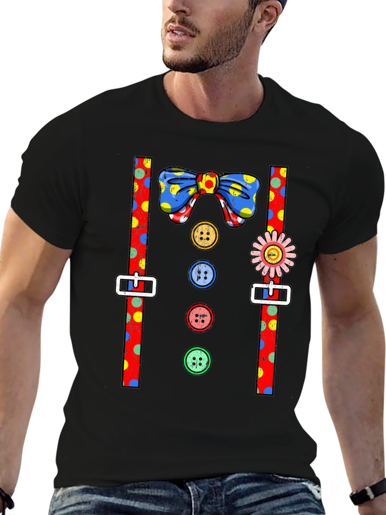 Clown Costume T-Shirt Bowtie Suspenders Buttons