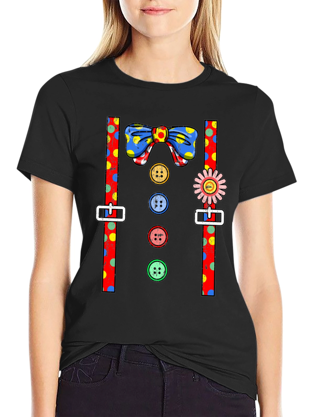 Clown Costume T-Shirt Bowtie Suspenders Buttons