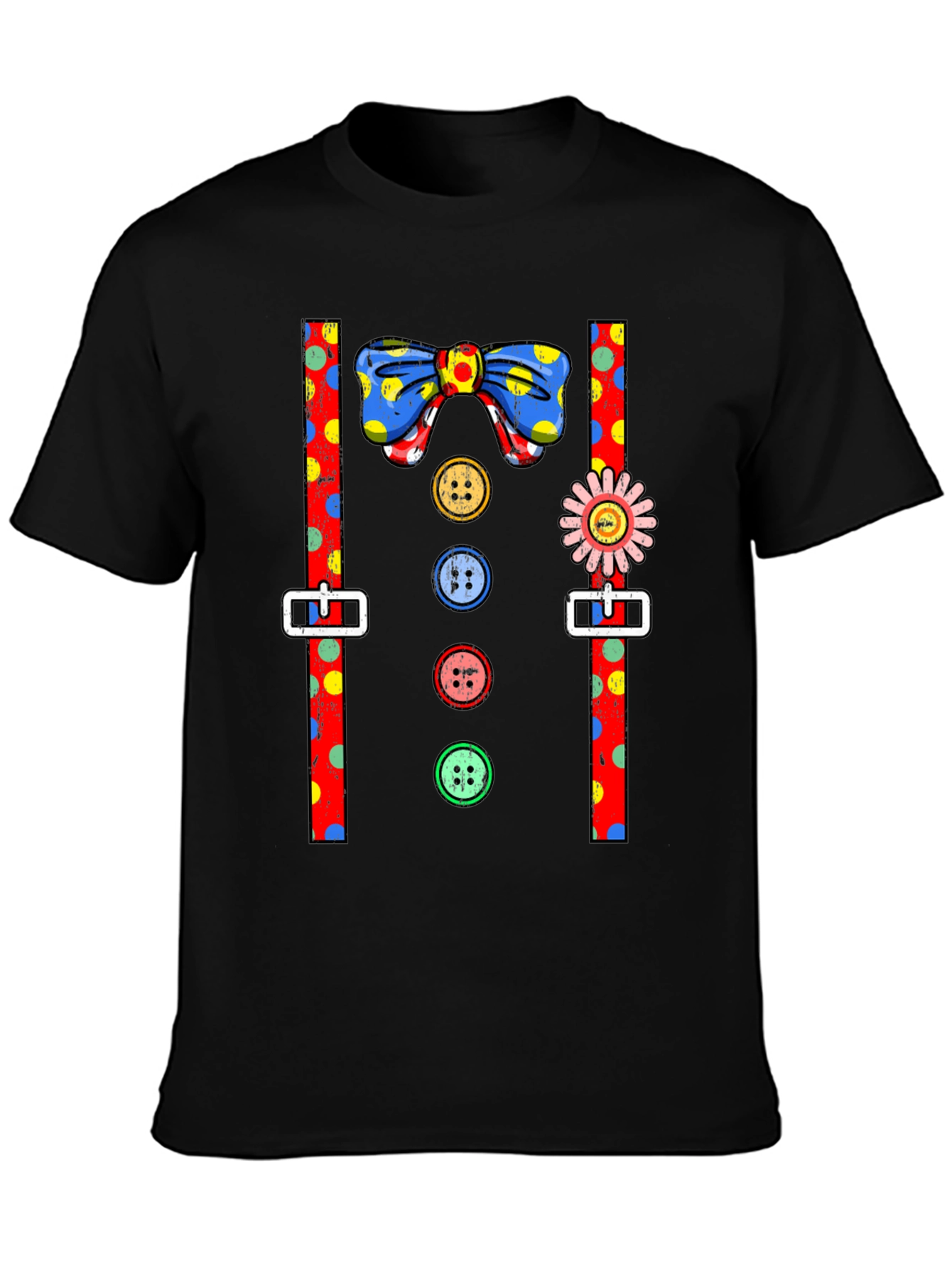 Clown Costume T-Shirt Bowtie Suspenders Buttons