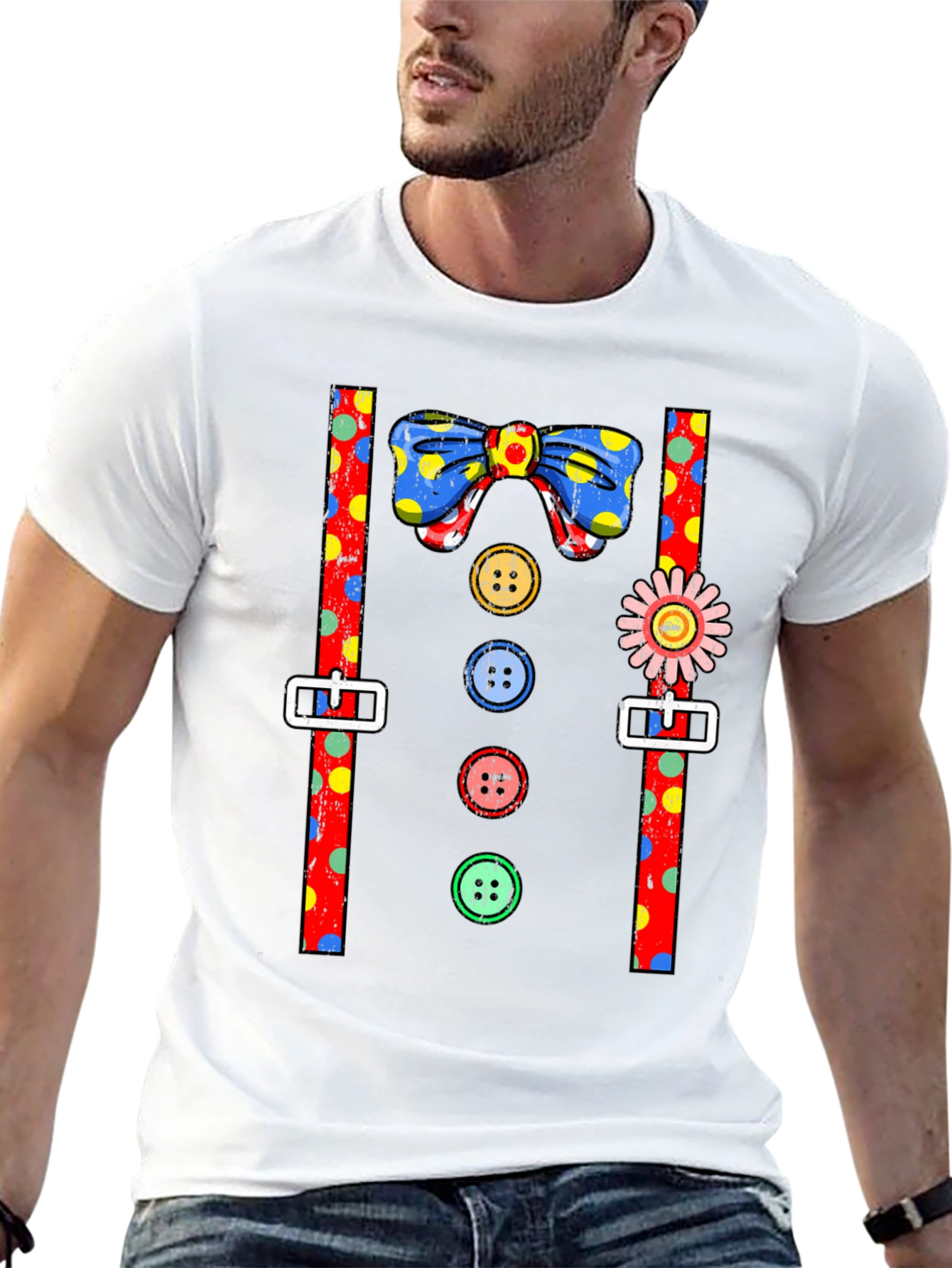 Clown Costume T-Shirt Bowtie Suspenders Buttons