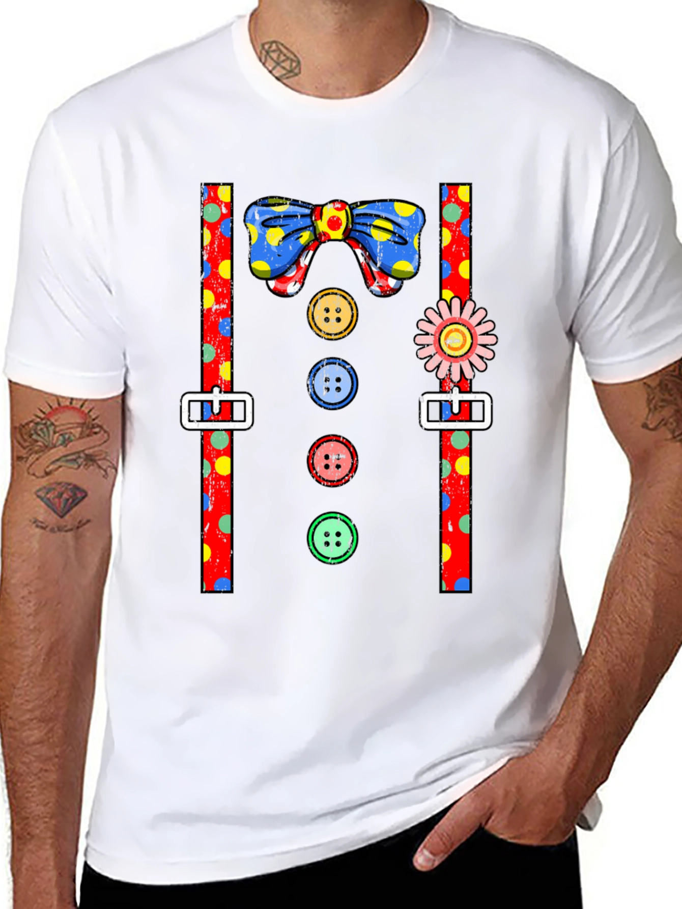 Clown Costume T-Shirt Bowtie Suspenders Buttons