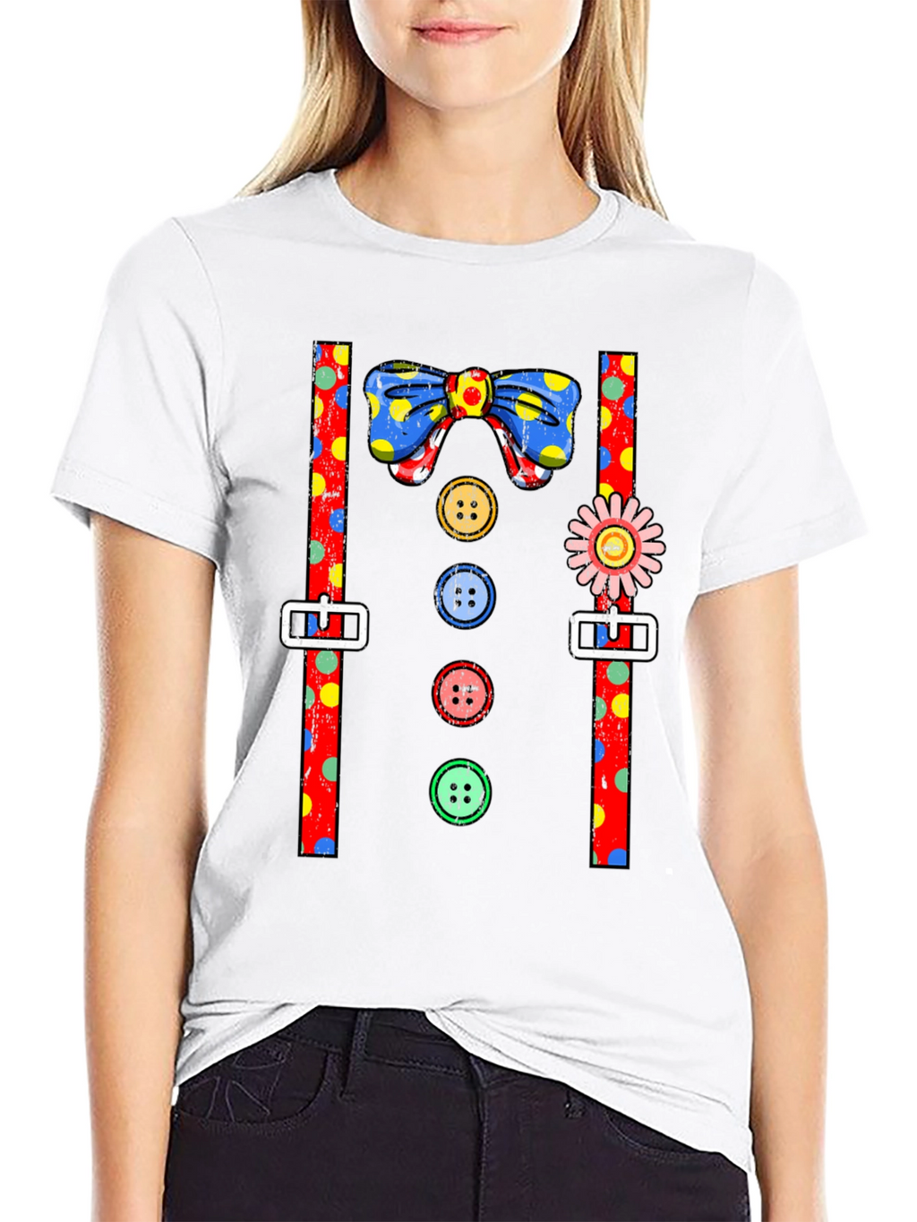 Clown Costume T-Shirt Bowtie Suspenders Buttons