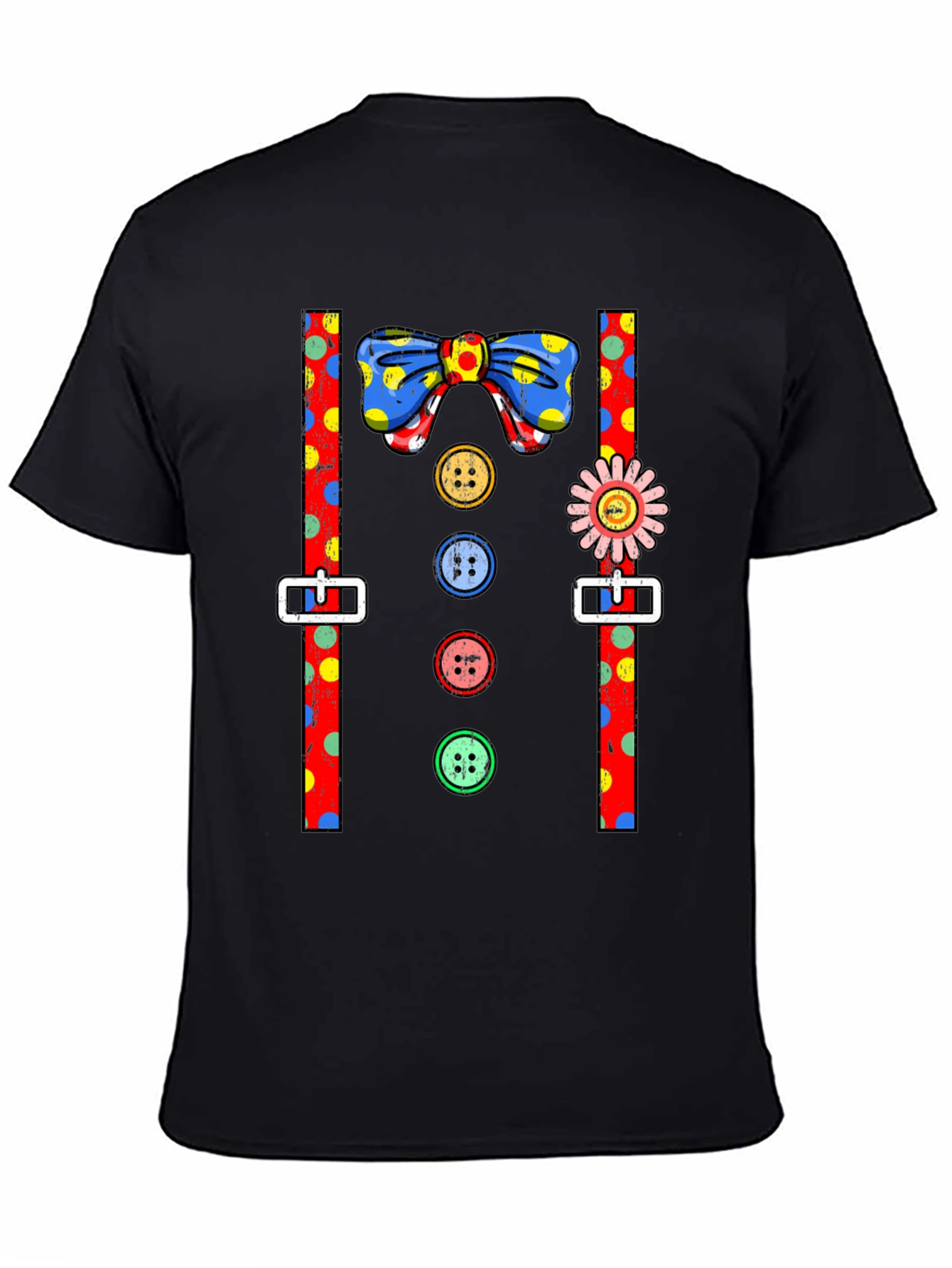 Clown Costume T-Shirt Bowtie Suspenders Buttons