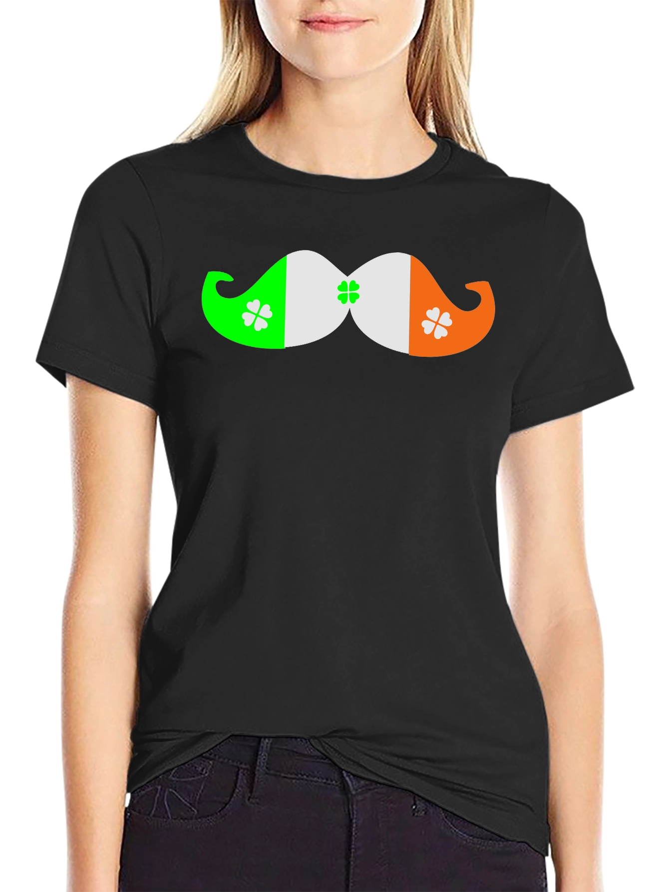 St. Patricks Day Mustache Clover Black T-Shirt