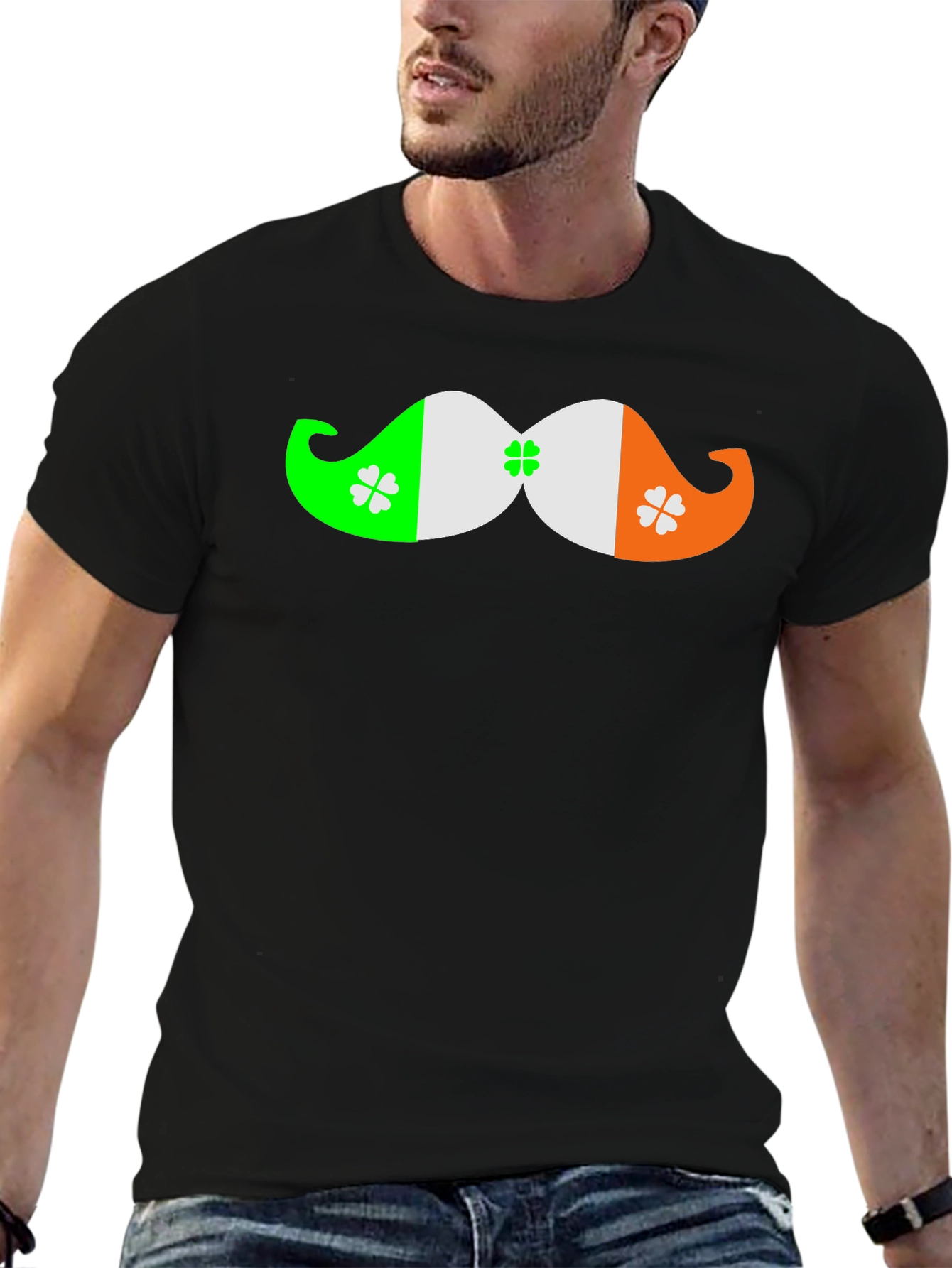 St. Patricks Day Mustache Clover Black T-Shirt