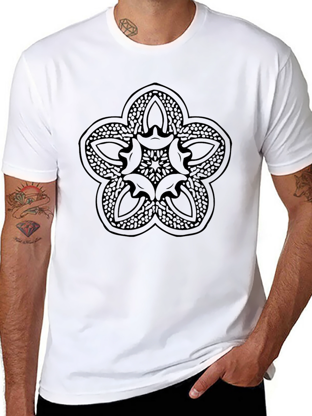 Mens Black Graphic Tee - Abstract Flower Design