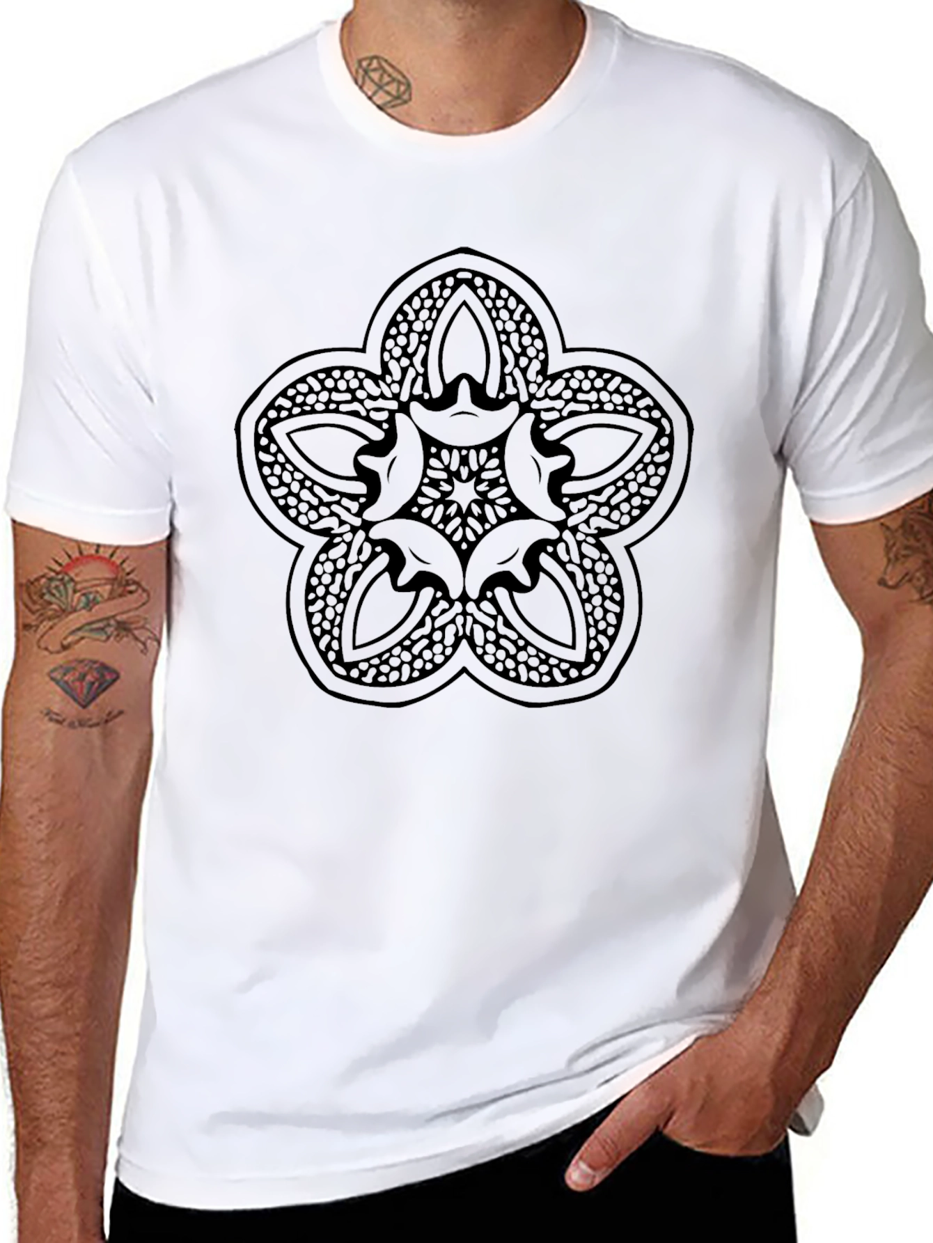 Mens Black Graphic Tee - Abstract Flower Design