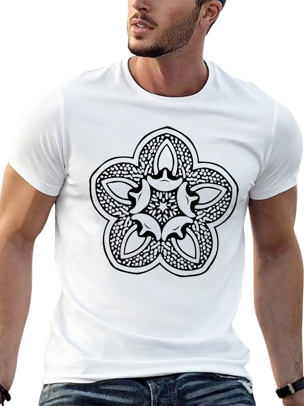 Mens Black Graphic Tee - Abstract Flower Design