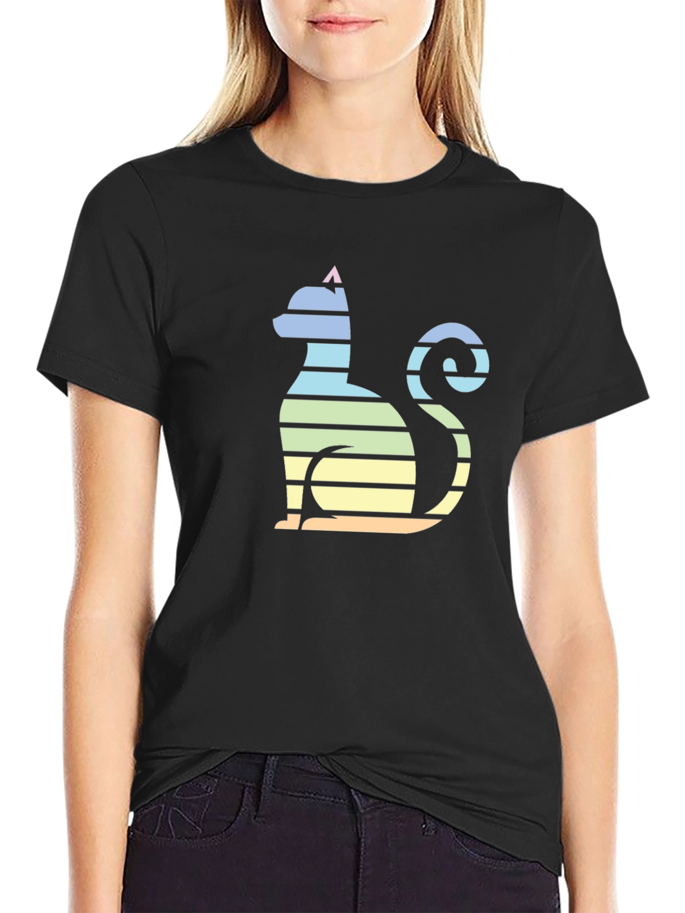 Striped Cat Graphic Tee - Mens Black T-Shirt