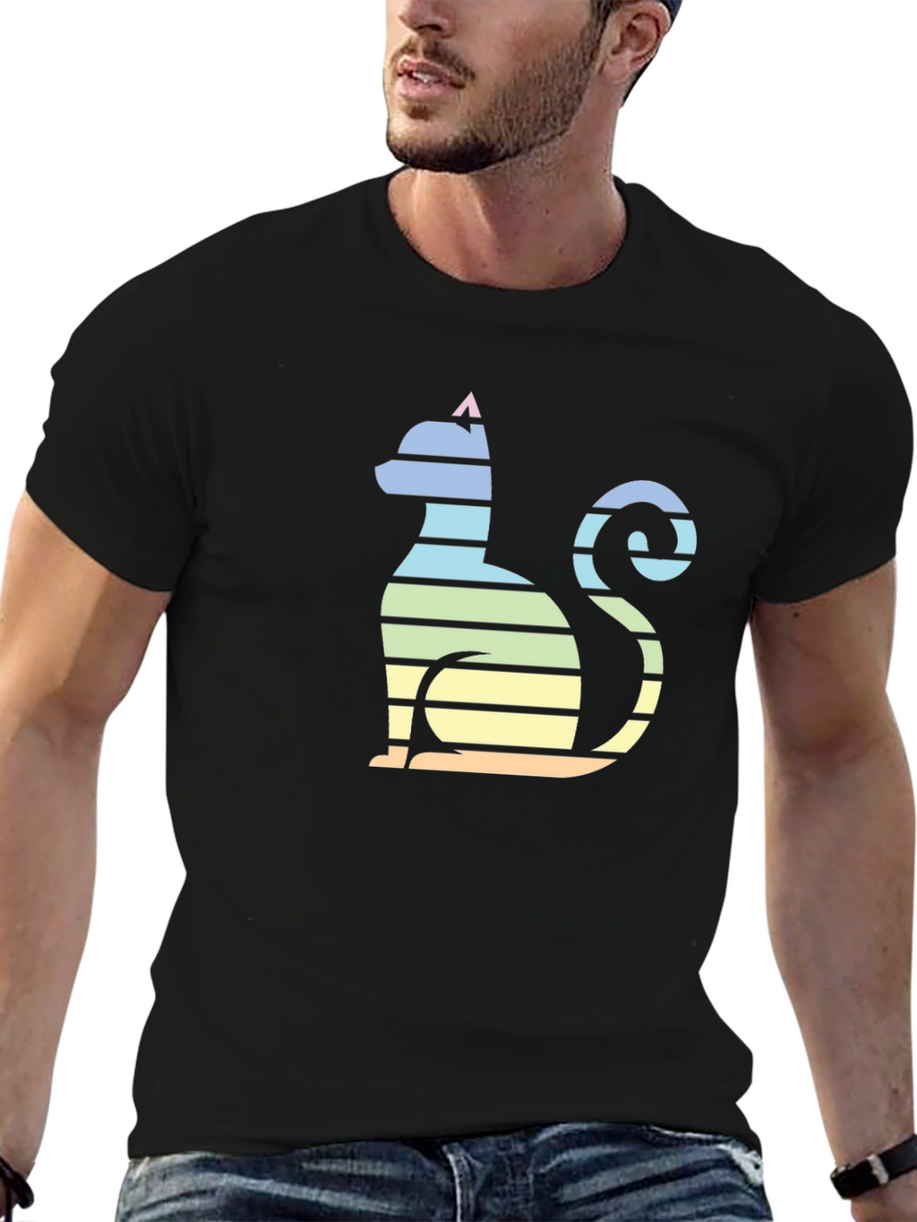 Striped Cat Graphic Tee - Mens Black T-Shirt