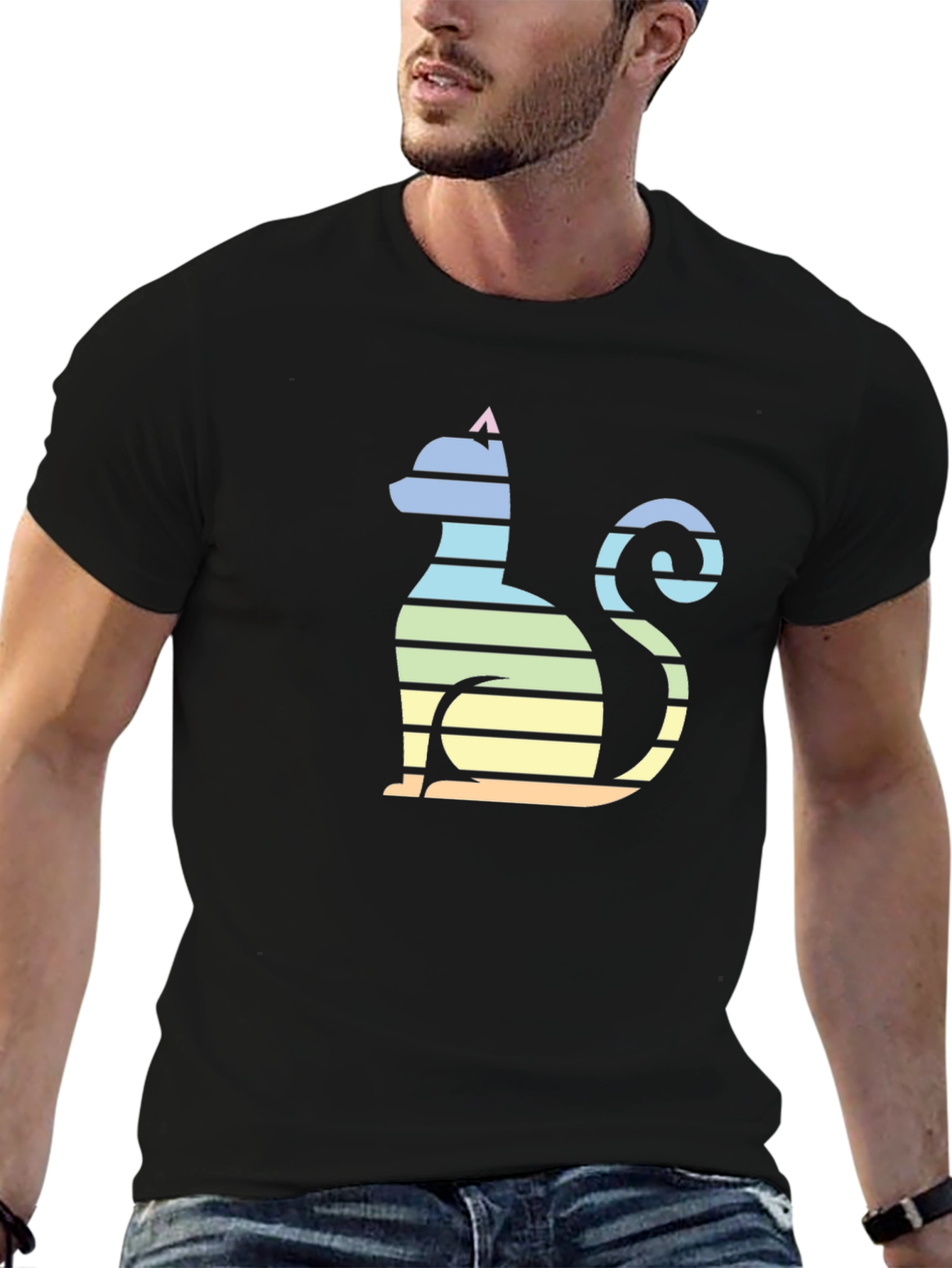 Striped Cat Graphic Tee - Mens Black T-Shirt
