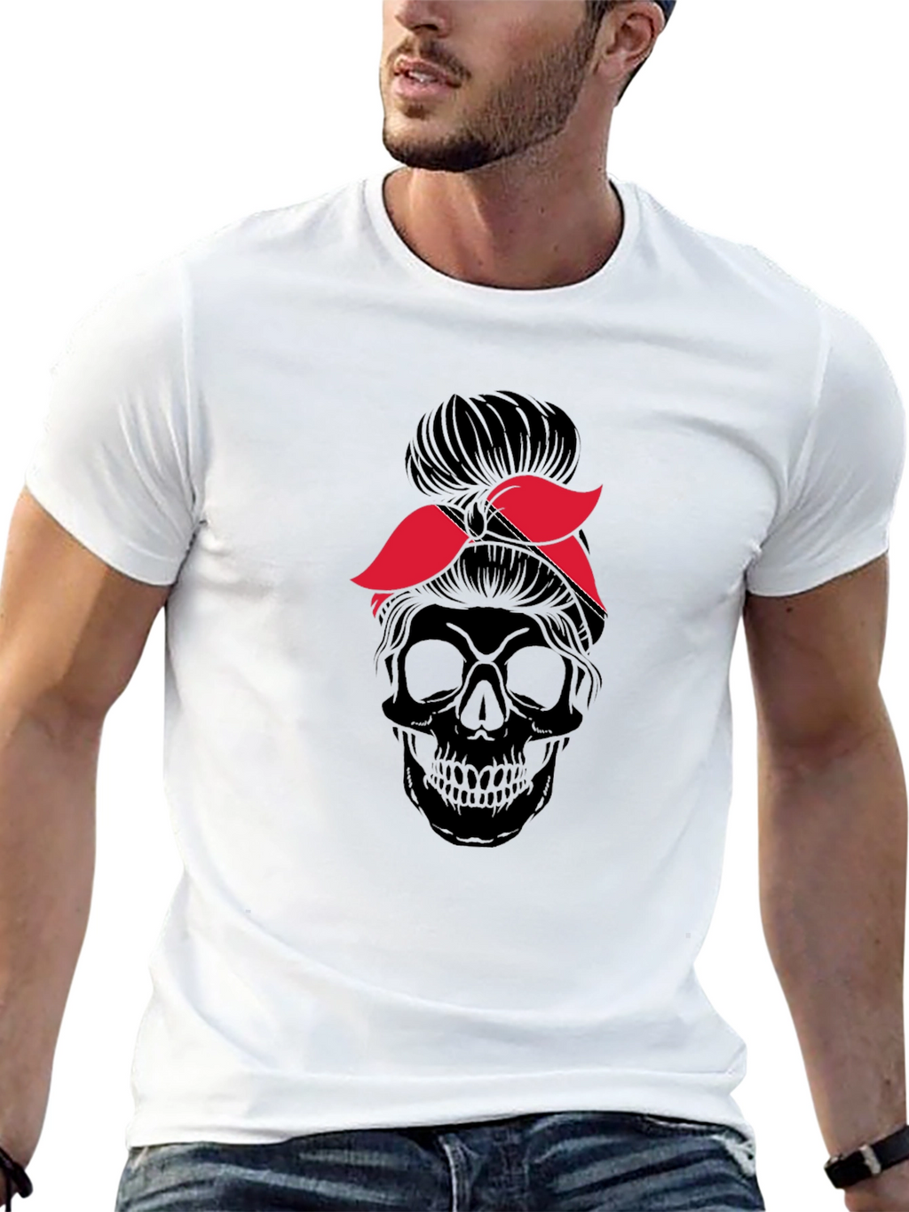 Skull Messy Bun T-Shirt - Graphic Tee