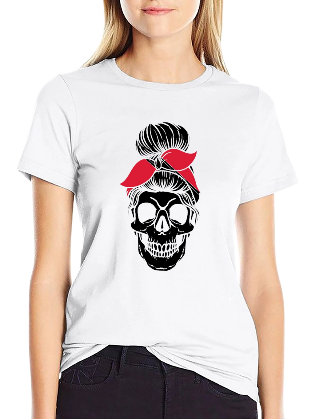 Skull Messy Bun T-Shirt - Graphic Tee