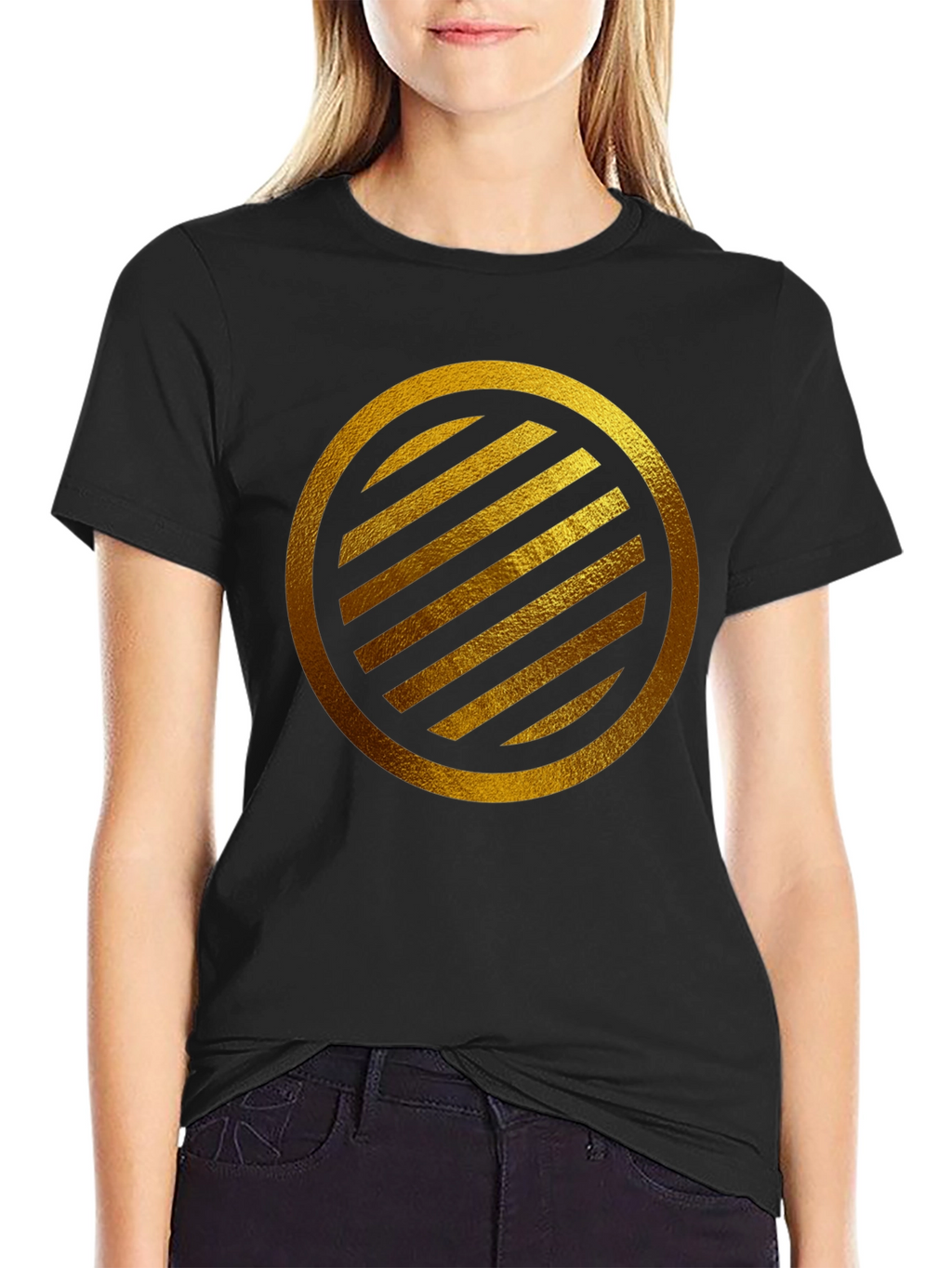 Gold Striped Circle on Black T-Shirt