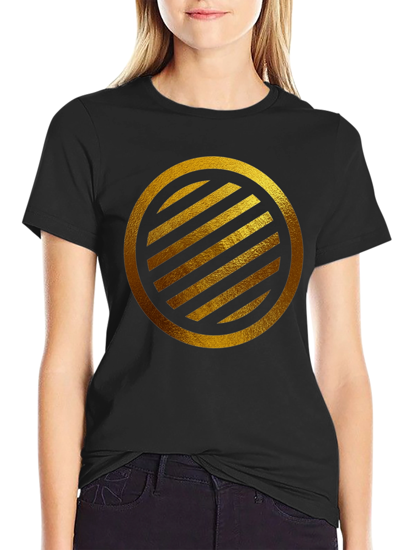 Gold Striped Circle on Black T-Shirt