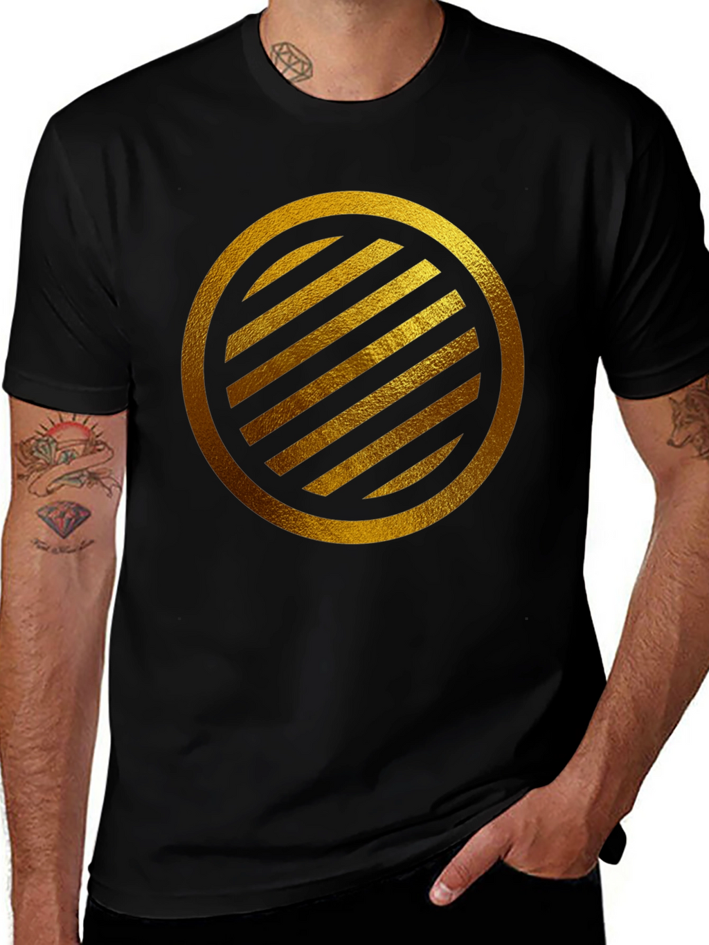 Gold Striped Circle on Black T-Shirt