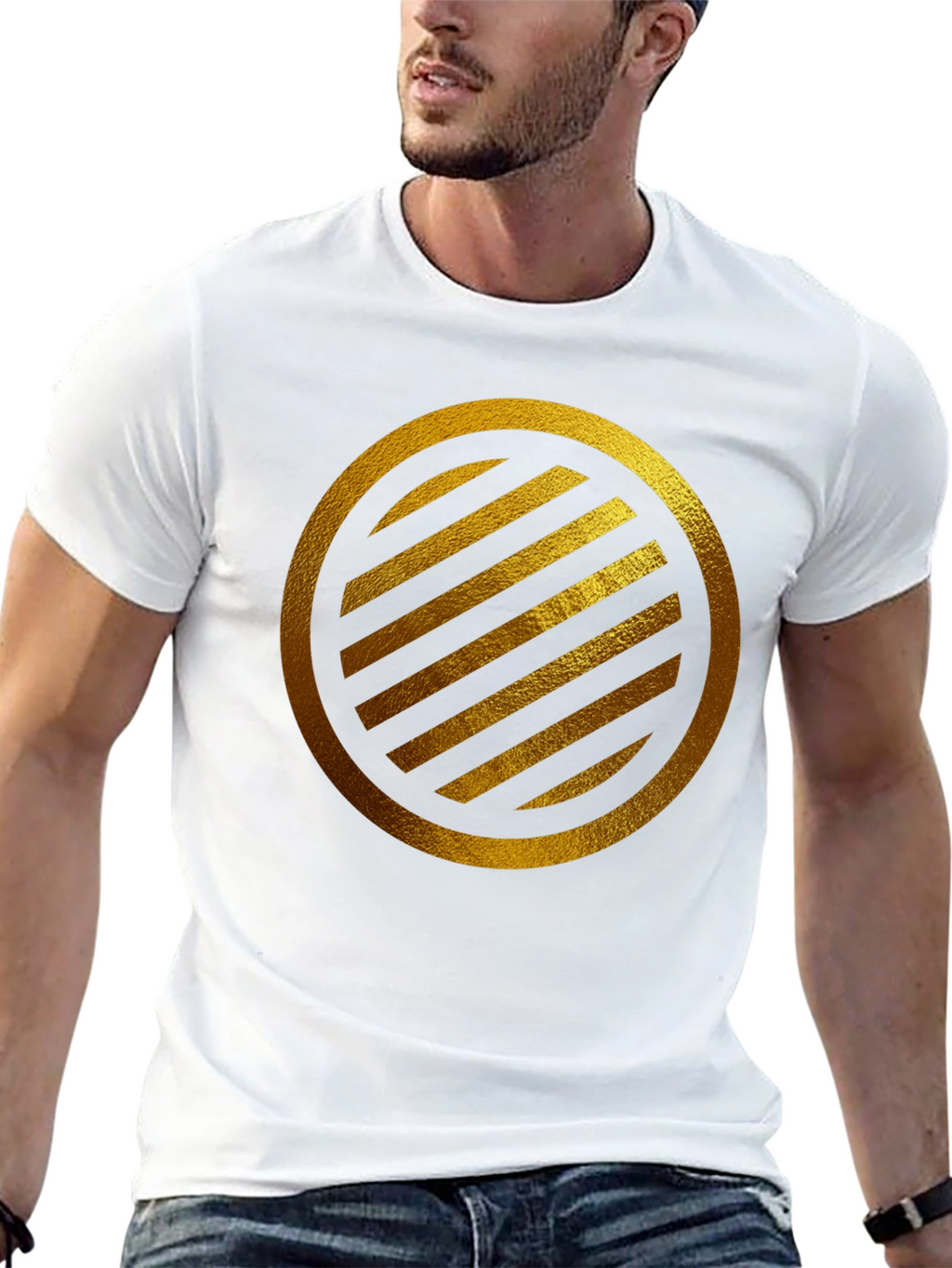 Gold Striped Circle on Black T-Shirt