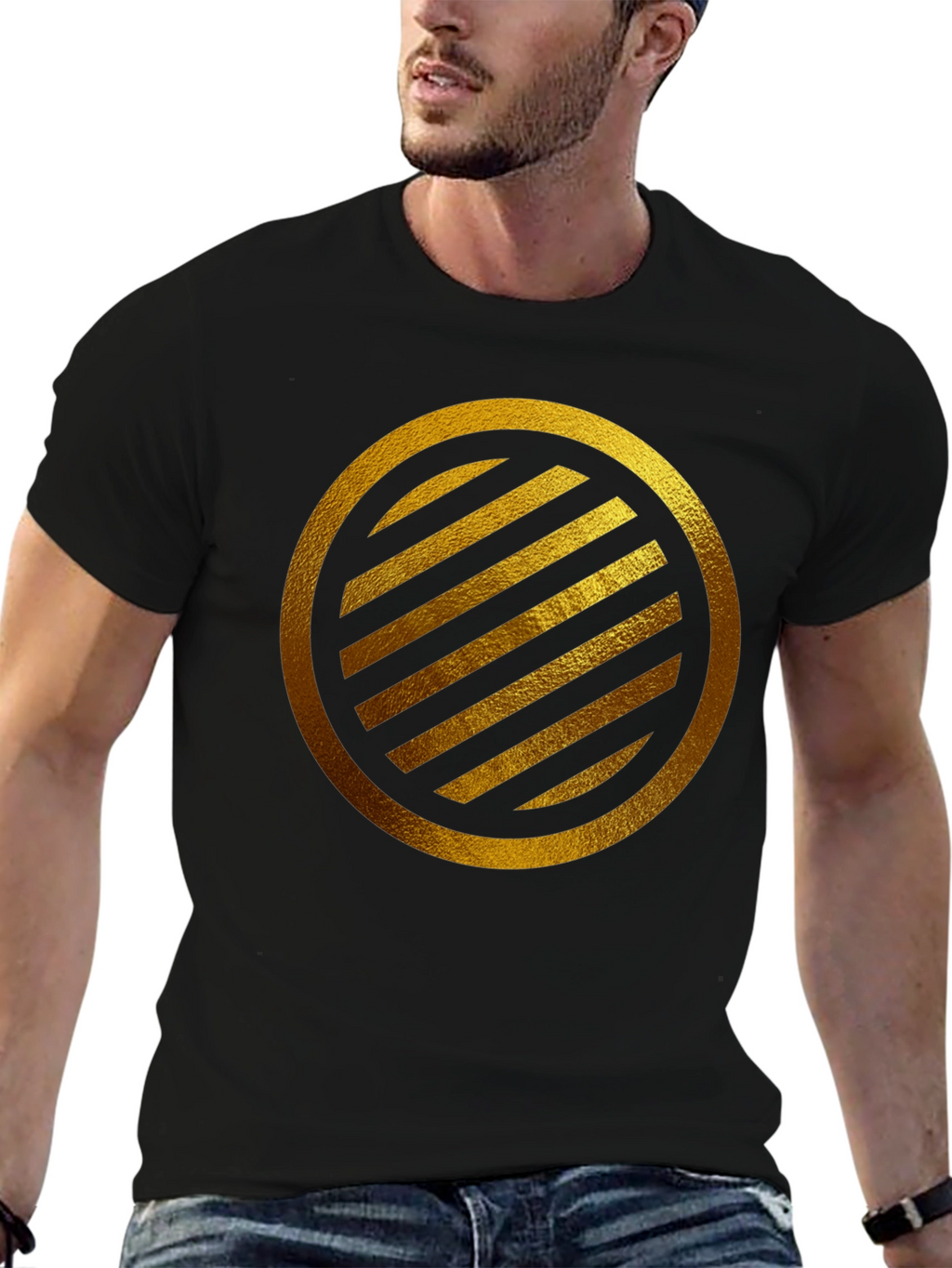Gold Striped Circle on Black T-Shirt